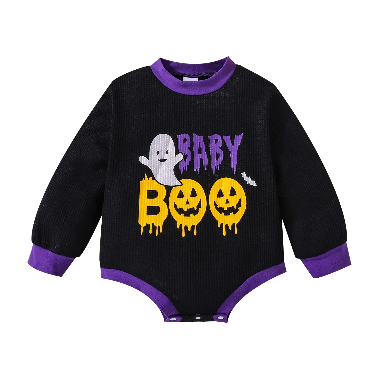 Baby Girl & Boy Halloween Outfit - Oversized Waffle Knit Sweatshirt Romper with Pumpkin & Ghost Print | Cozy Costume for Infants & Toddlers | Perfect for Trick-or-Treating, Photo Shoots & Fall Festivals