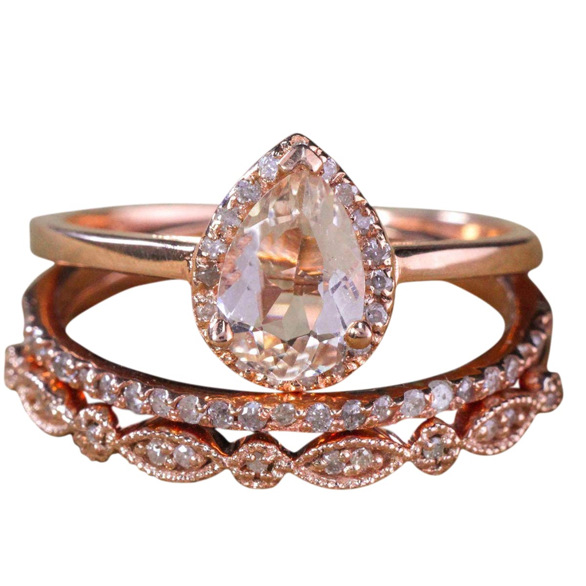 2.25 Carat Pear Shape Morganite & Diamond Halo Trio Bridal Wedding Ring Set in 18K Gold Plating - Elegant Engagement & Anniversary Jewelry Gift for Her
