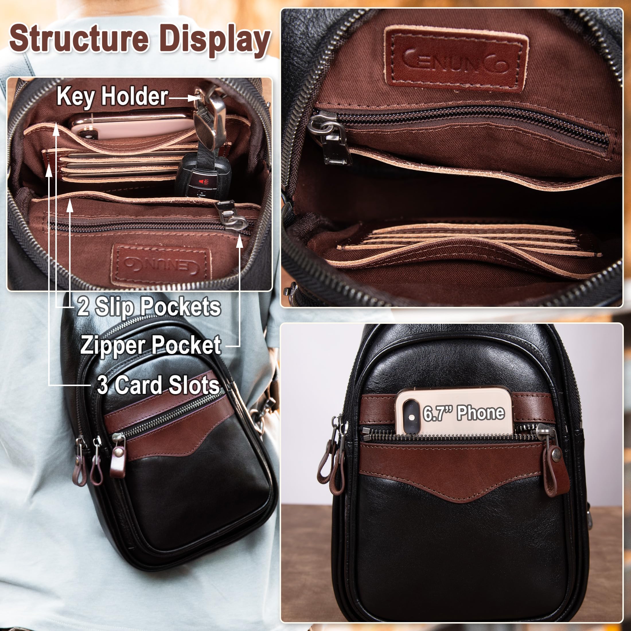 Genuine Leather Crossbody Sling Bag for Men & Women - Adjustable Shoulder Strap Chest Purse Backpack - Perfect for Travel, Work & Everyday Use
