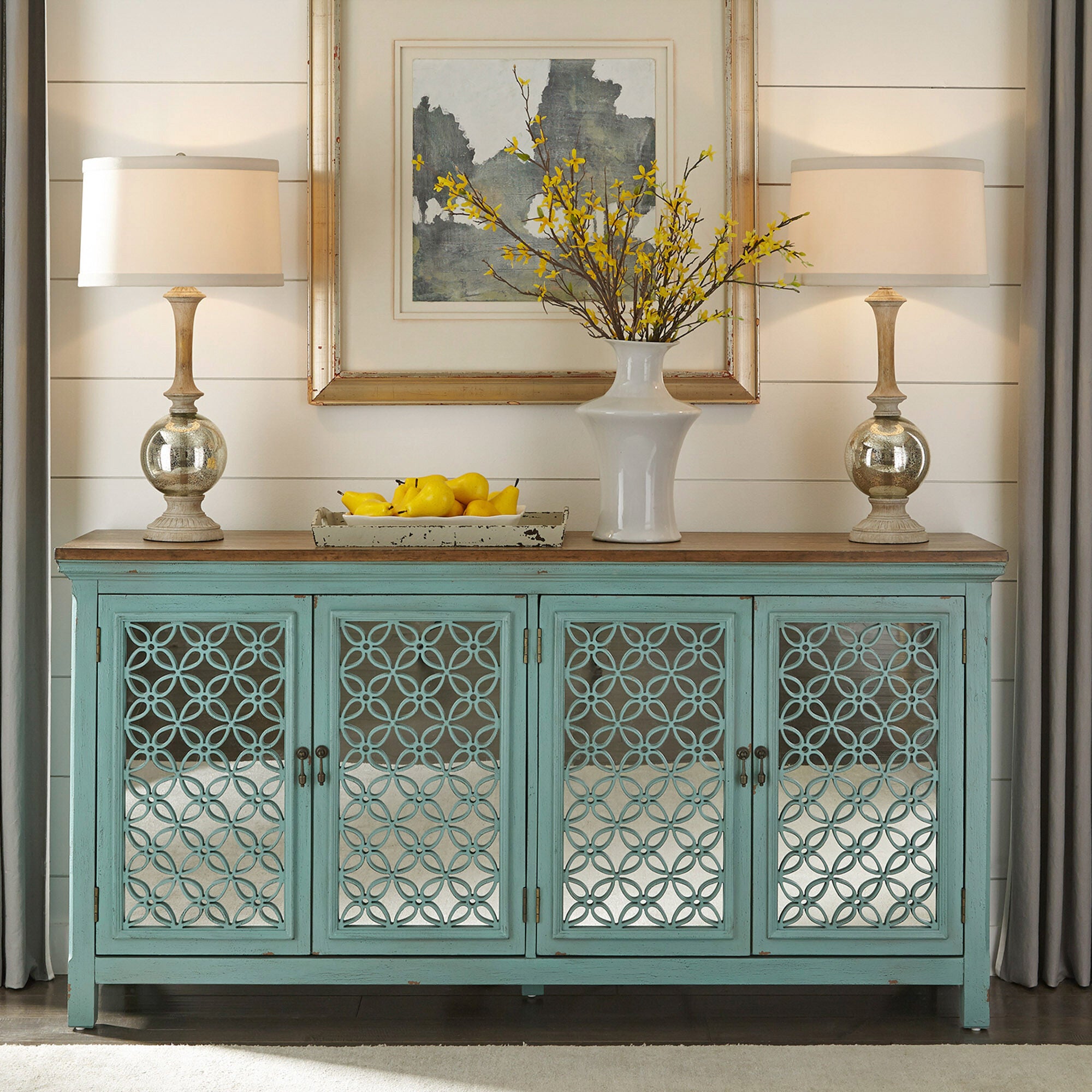 Stylish Kensington 4-Door Accent Cabinet for Living Room - Solid Wood Storage Console with Glass Doors - Perfect for Entryway, Hallway & Home Decor