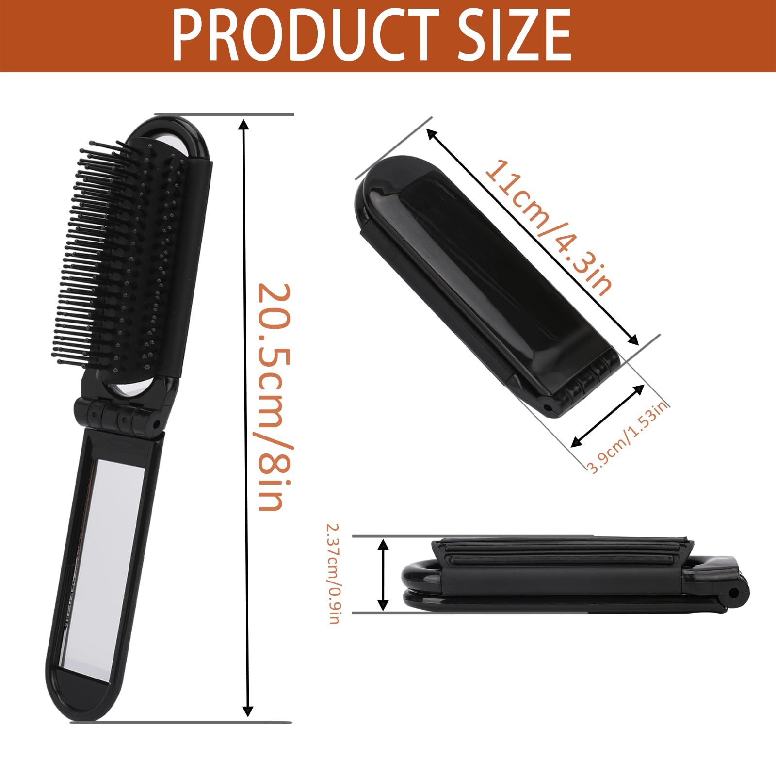 2 Pack Foldable Hair Brush with Mirror - Portable Travel Hair Brush, Pocket Size Anti-Static Mini Hairbrush, Compact Massage Comb for Women & Girls - Perfect for Home, Travel, Gym, and Purse (Black)