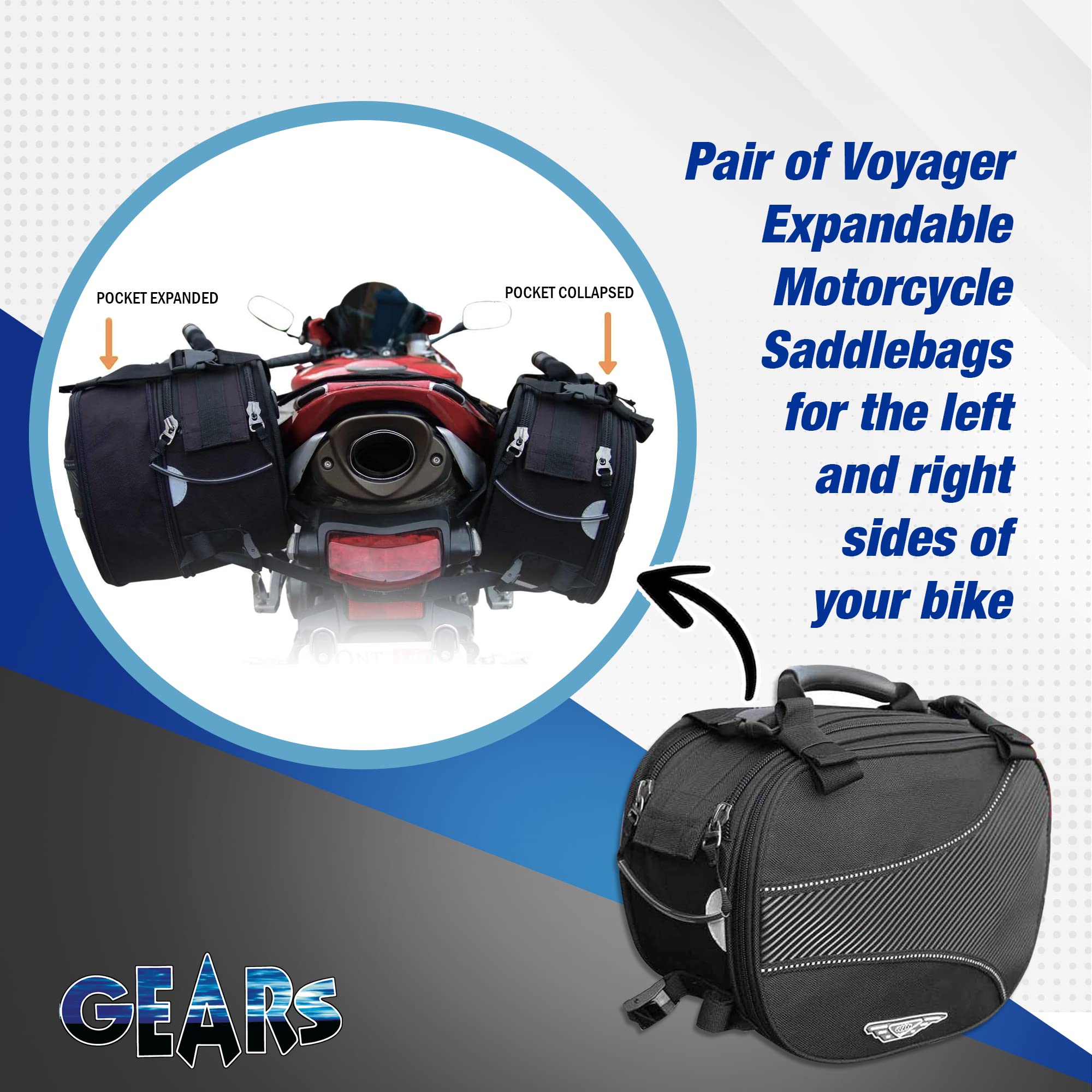 GEARS Voyager Motorcycle Saddlebags - Waterproof Expandable Leather Motorcycle Luggage Bags for Harley, Cruiser & Touring Bikes - Back Seat Storage Accessories (Pair) - Perfect for Long Rides, Road Trips & Daily Commuting