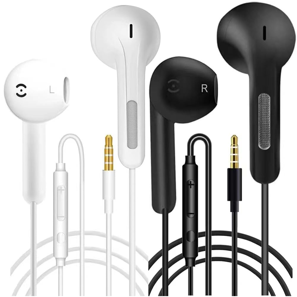 2 Pack Wired In-Ear Headphones with Microphone & Noise Isolation - Compatible with iPhone, Samsung, Huawei, Android Smartphones, Tablets & Laptops - Perfect for Workouts, Commuting & Online Meetings