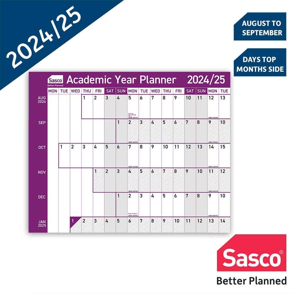 Sasco 2024-2025 Academic Year Wall Planner - August to July Dry Erase Calendar for School, University & Office - 36