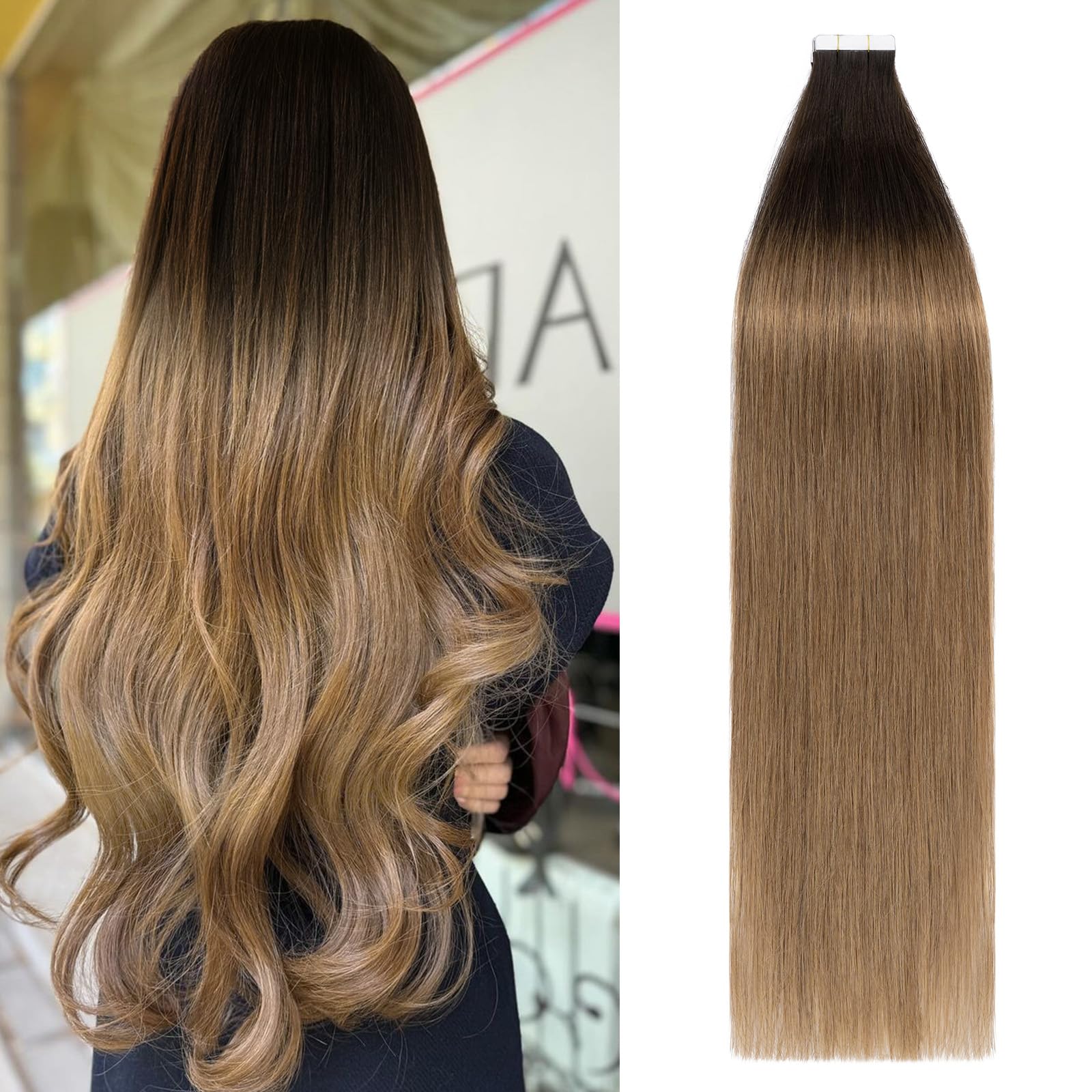Premium 20-Piece Tape in Hair Extensions - 100% Remy Human Hair, 40g, Balayage Dark Brown to Light Brown, 12-Inch Seamless Straight Double-Sided Extensions for Natural Volume & Styling - Perfect for Parties, Weddings & Everyday Wear