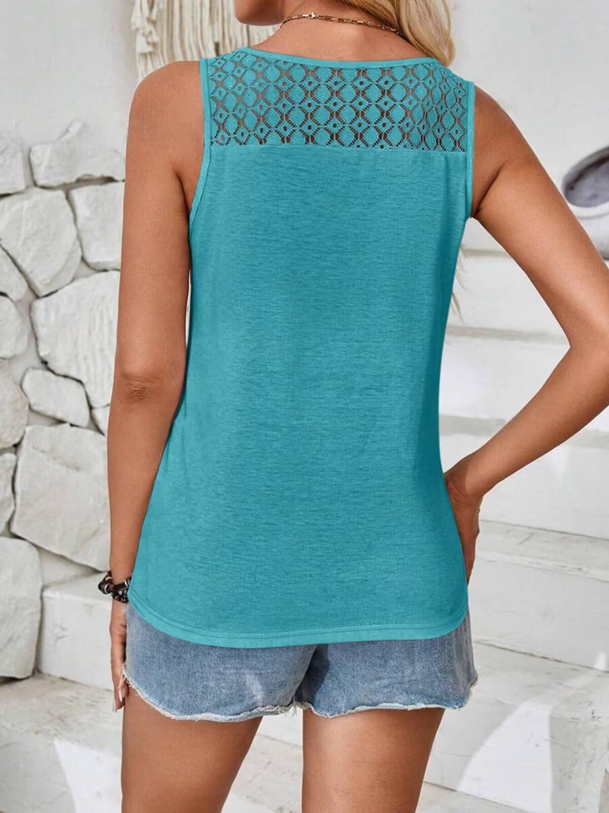 Women's Contrast Lace V-Neck Tank Top - Casual Sleeveless Blouse, Loose Fit Shirt for Summer, Beach, and Daily Wear | Fashionable & Comfortable Women's Tops