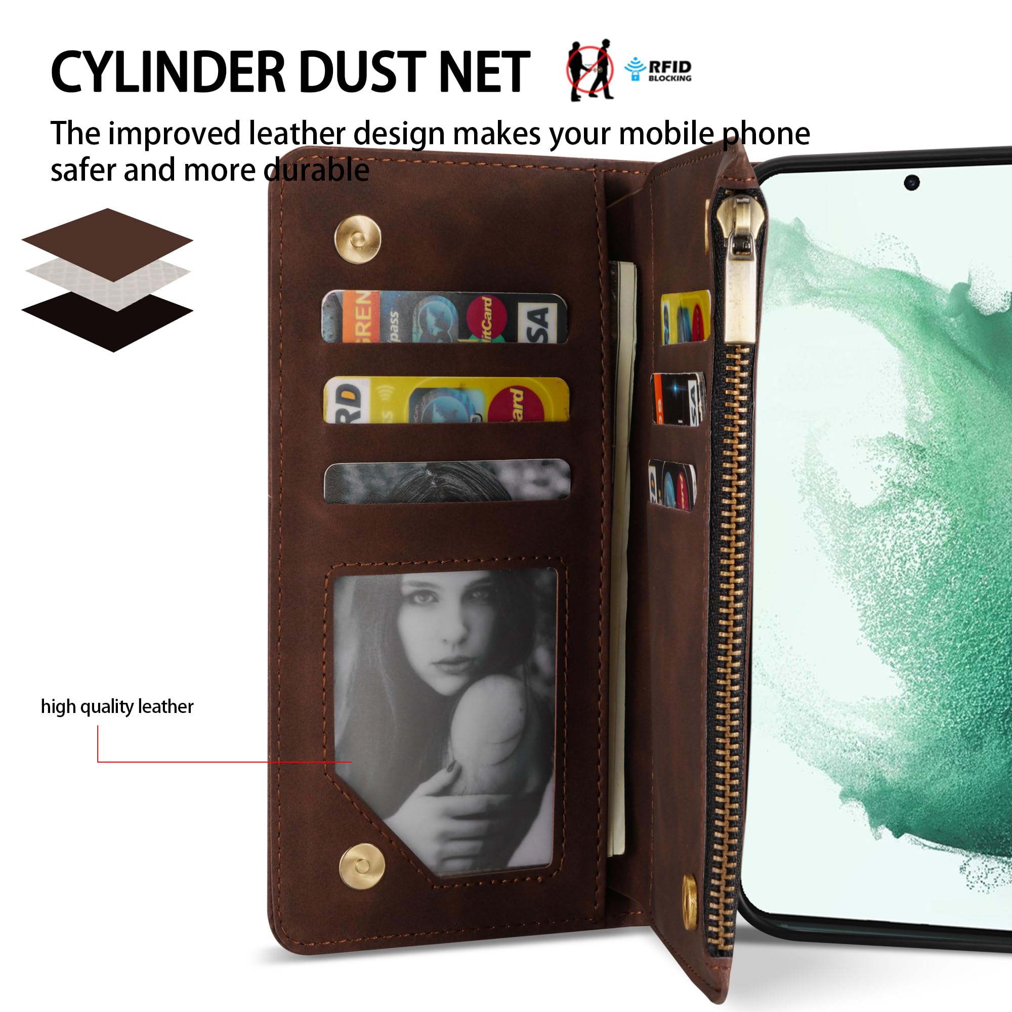 Premium Soft PU Leather Zipper Flip Wallet Case for Samsung Galaxy S22 Plus (6.6 Inch) with Card Slot, Wrist Strap & Kickstand - Coffee | Protective Cover for Daily Use, Travel & Business Meetings
