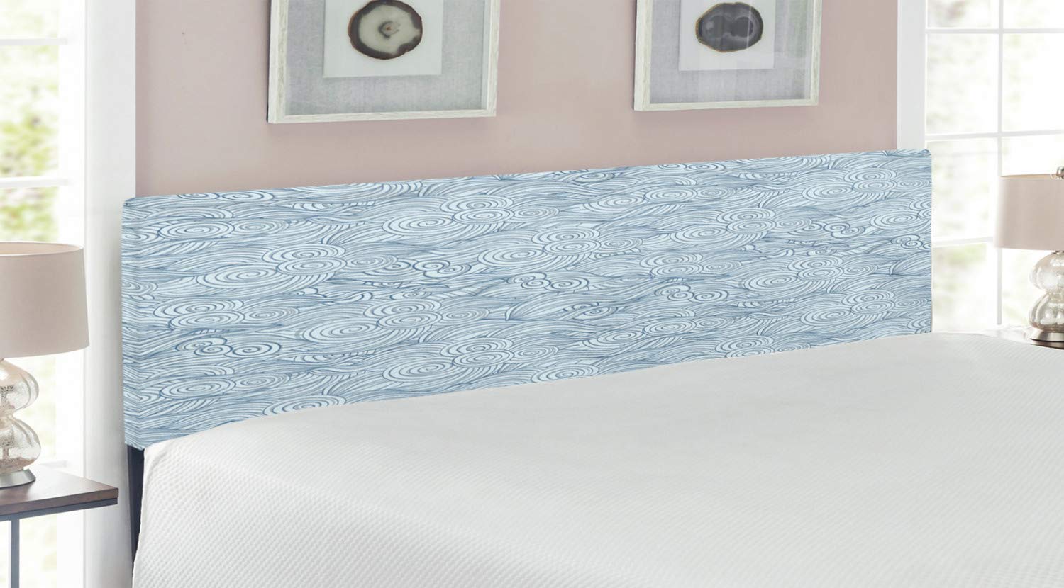 Ambesonne Wave Headboard - Traditional Japanese Blue Doodle Nautical Design, Upholstered Metal Bed Headboard with Memory Foam, King Size in Pale Blue | Perfect for Coastal, Boho & Japandi Bedroom Decor