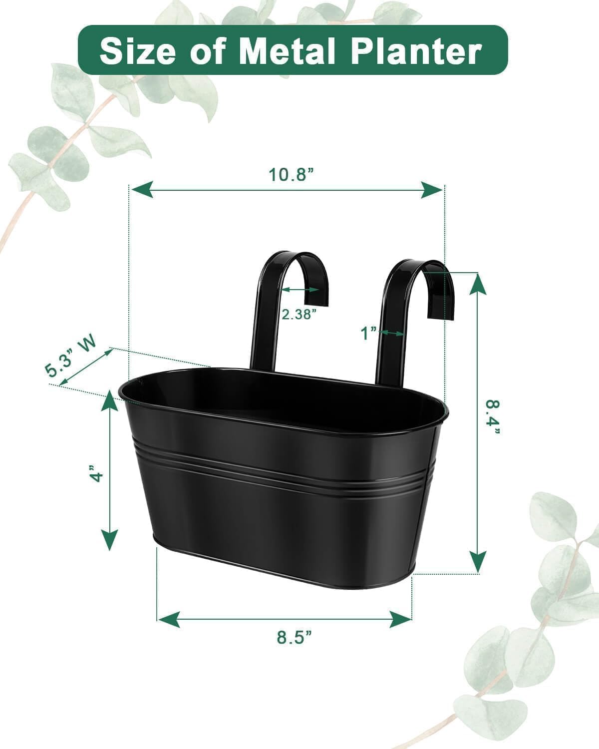 Vensovo 3-Pack Black Metal Railing Planters for Outdoor - Oval Hanging Planter Box with Detachable Hooks & Drain Holes - Perfect for Balcony, Garden Fence, Deck & Patio Decor