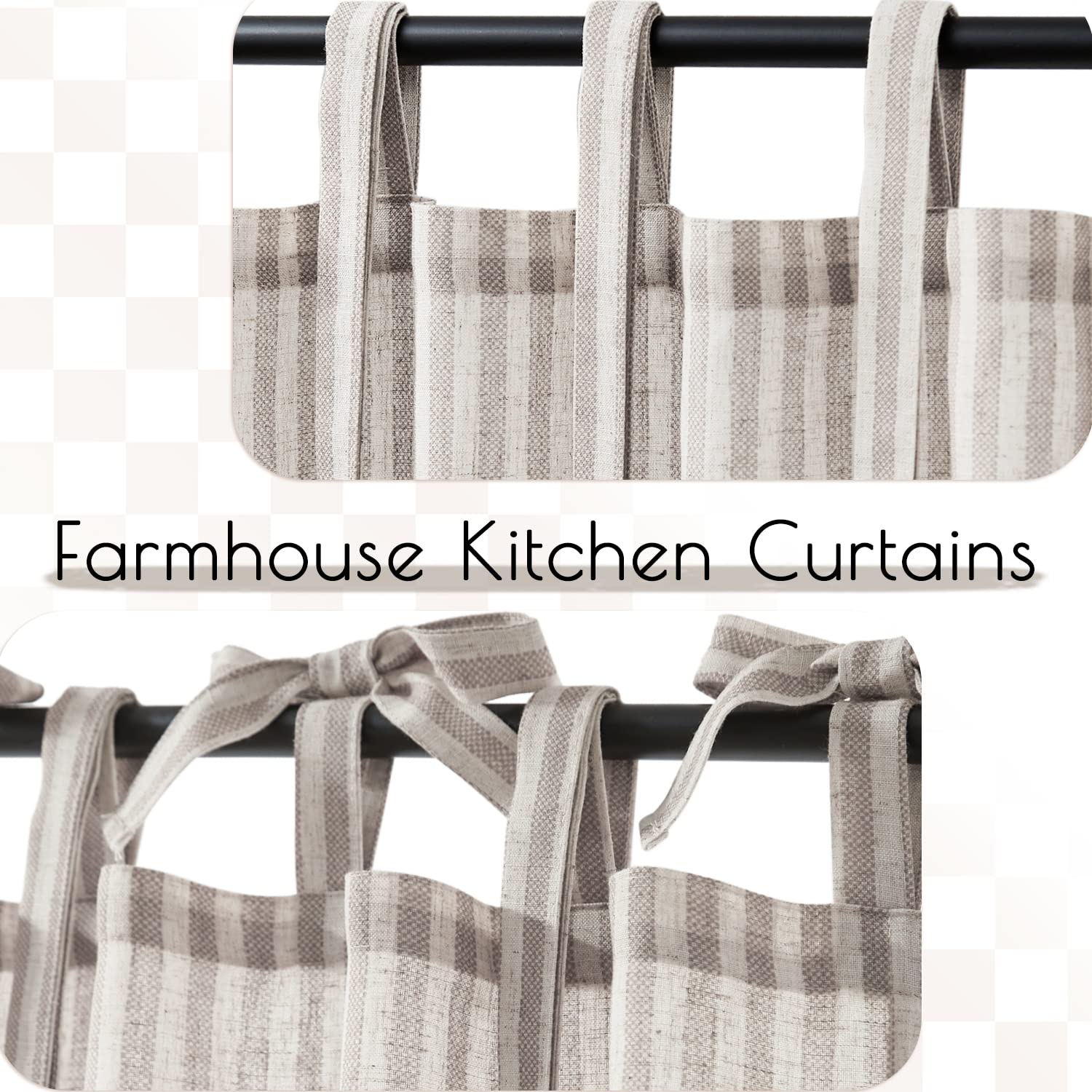 Jinchan 24 Inch Linen Kitchen Curtains - Striped Tier Window Drapes with Rod Pocket, Ticking Stripe Design for Farmhouse, Bathroom & Living Room | 2 Panels in Taupe | Perfect for Small Windows, Cafes & Rustic Home Decor