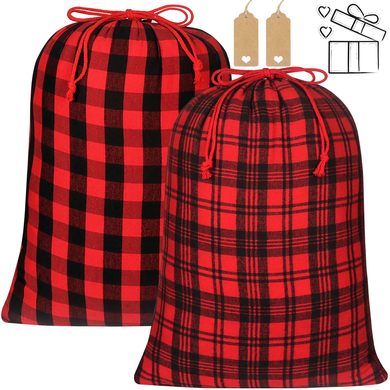 YQL Buffalo Plaid Drawstring Gift Bags - 2Pcs Large Soft Flannel Reusable Christmas Holiday Party Favor Bags for Gifts, Birthdays & Festive Celebrations | Perfect for Wrapping Presents, Stocking Stuffers & Seasonal Decorations