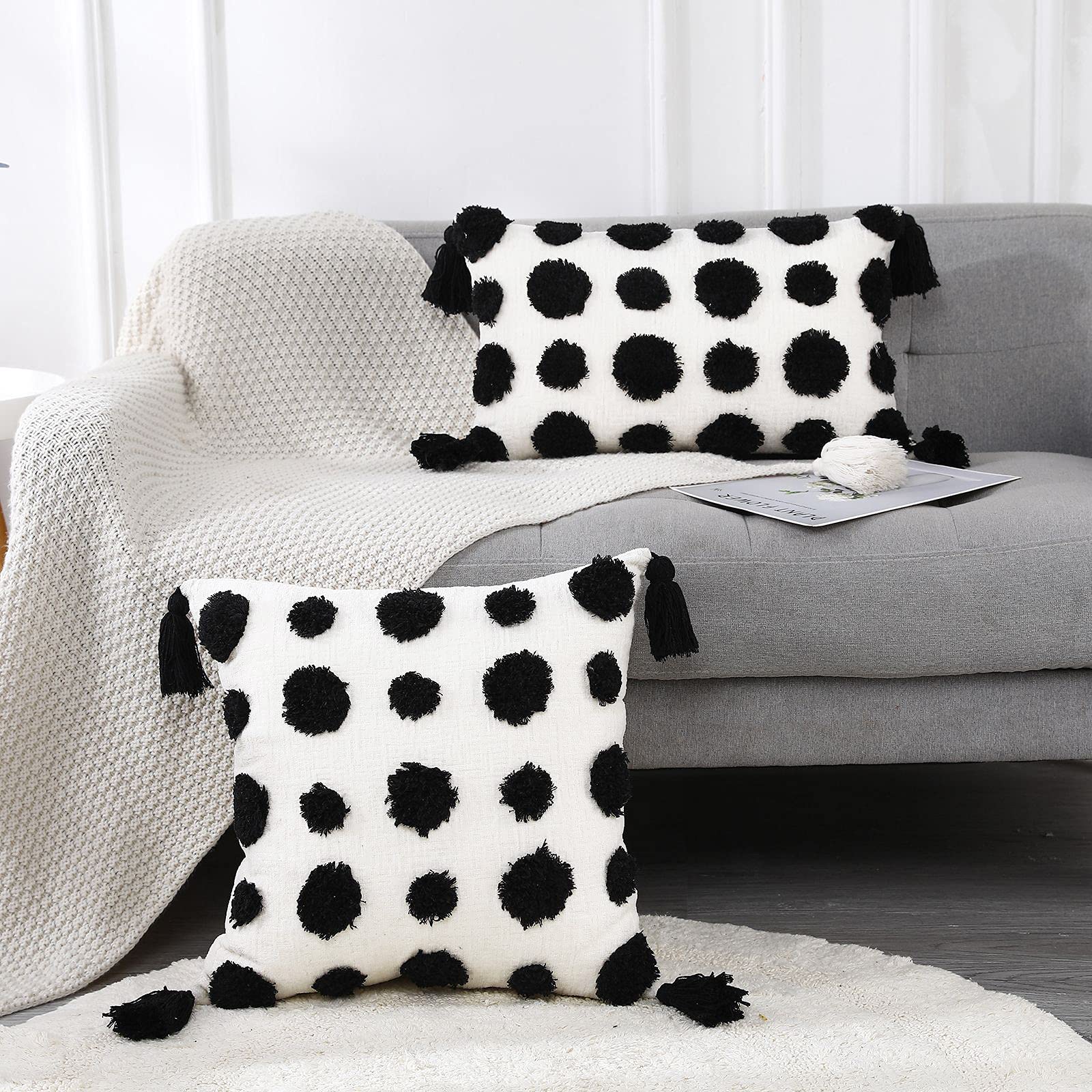 PANOD Super Soft Farmhouse Decorative Plush Throw Pillow Covers 24x24 Inches - Black Solid Pom Pom Tufted with Tassels, Modern Boho Square Cushion Cover for Couch, Sofa & Bed - Perfect for Living Room, Bedroom Decor & Cozy Home Accents