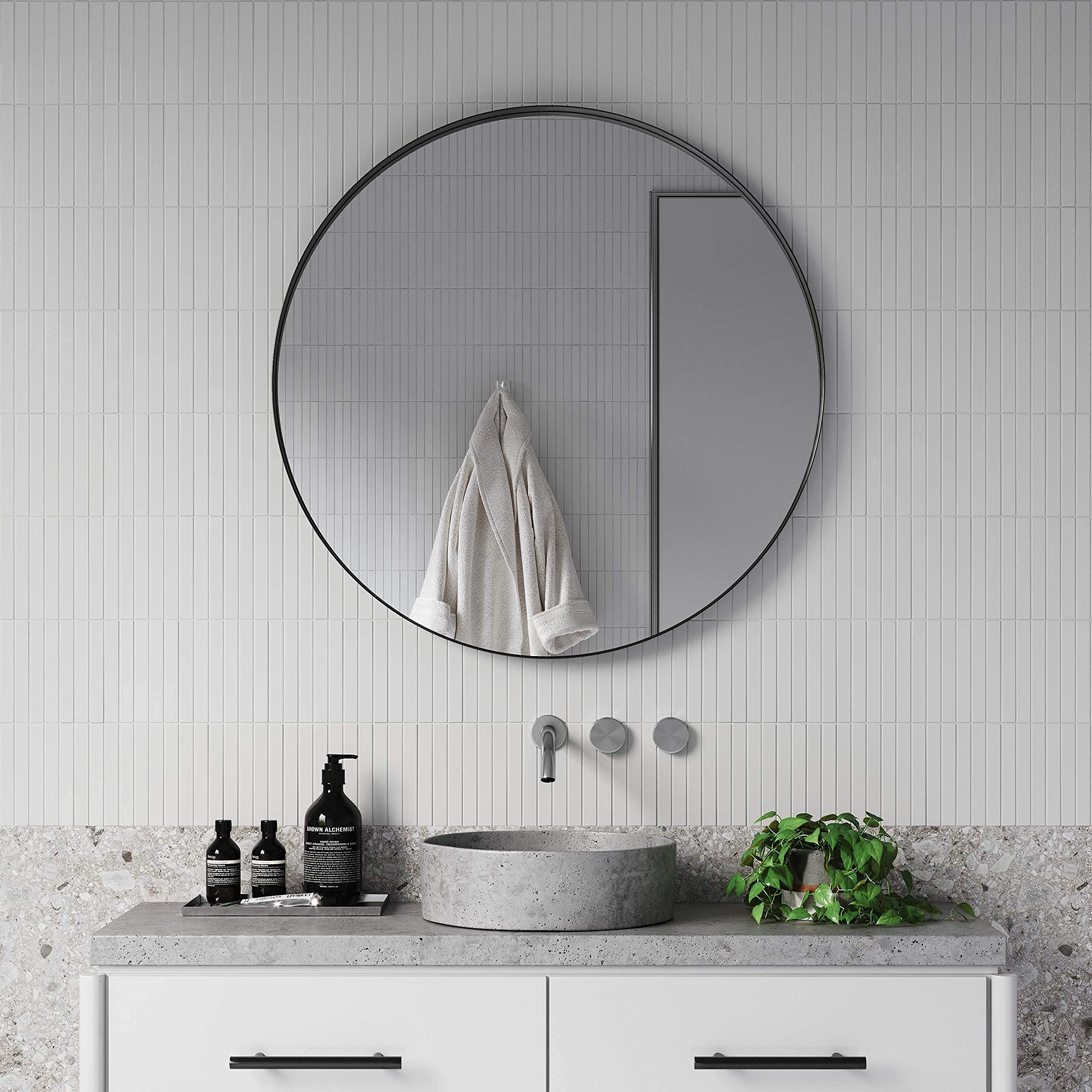 32 Inch Black Round Wall Mirror - Large Decorative Bathroom Vanity Mirror with Aluminum Thin Edge Frame - Perfect for Entryway, Living Room, Bedroom & Dressing Area - Modern Home Decor for Bathrooms, Hallways and Bedrooms