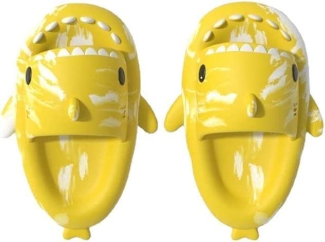 OMKUOSYA Unisex Shark Slippers - Funny Cute Shark Slides for Men & Women | Lightweight Comfortable Beach Sandals for Outdoor, Pool Party, Summer Vacation (Yellow+White, Size 10-11 Men)