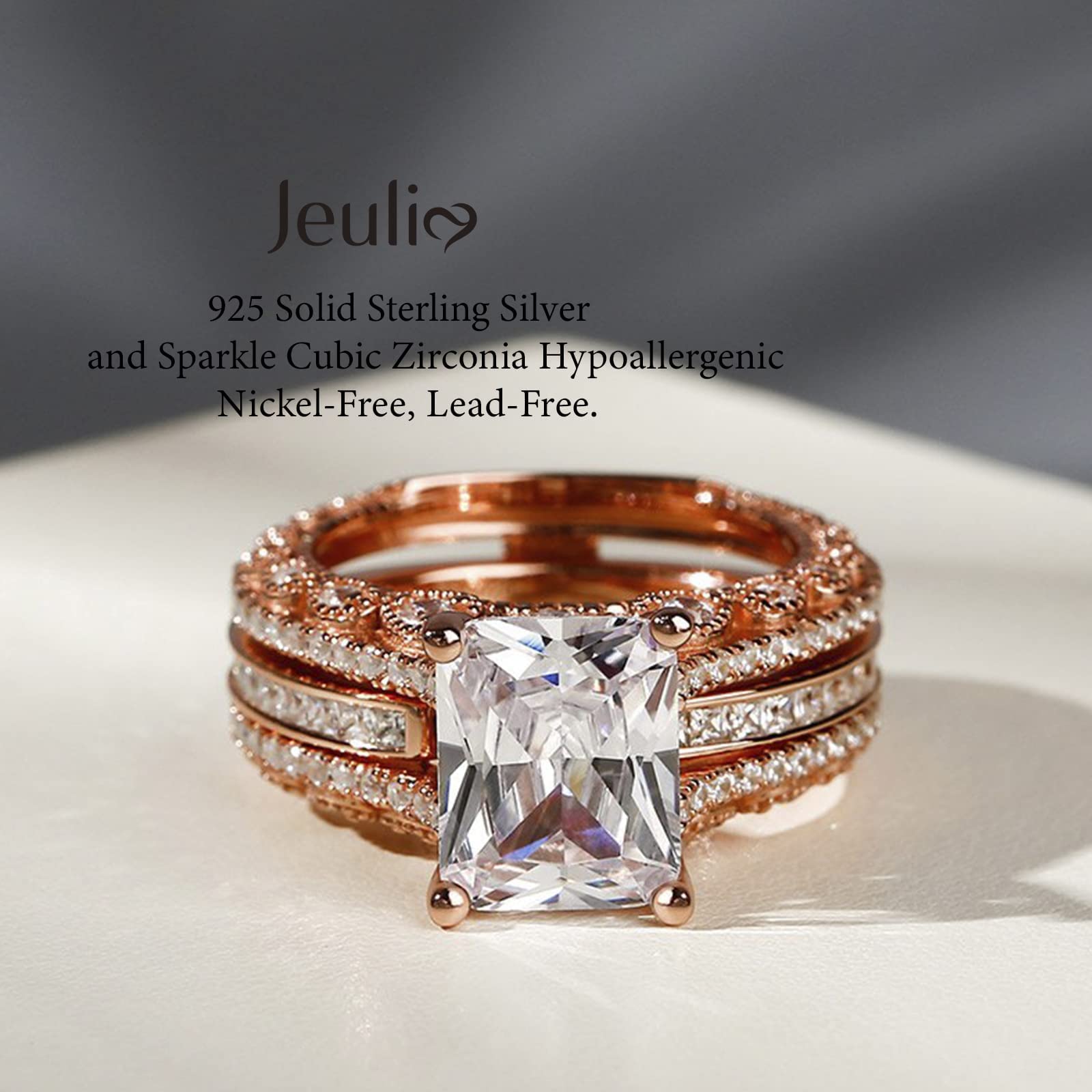 Jeulia 3PC Radiant Cut CZ Diamond Engagement Ring Set - Wedding Promise Anniversary Rings with Side Stones, Romantic Jewelry Gift for Women - Perfect for Proposals, Anniversaries & Special Occasions