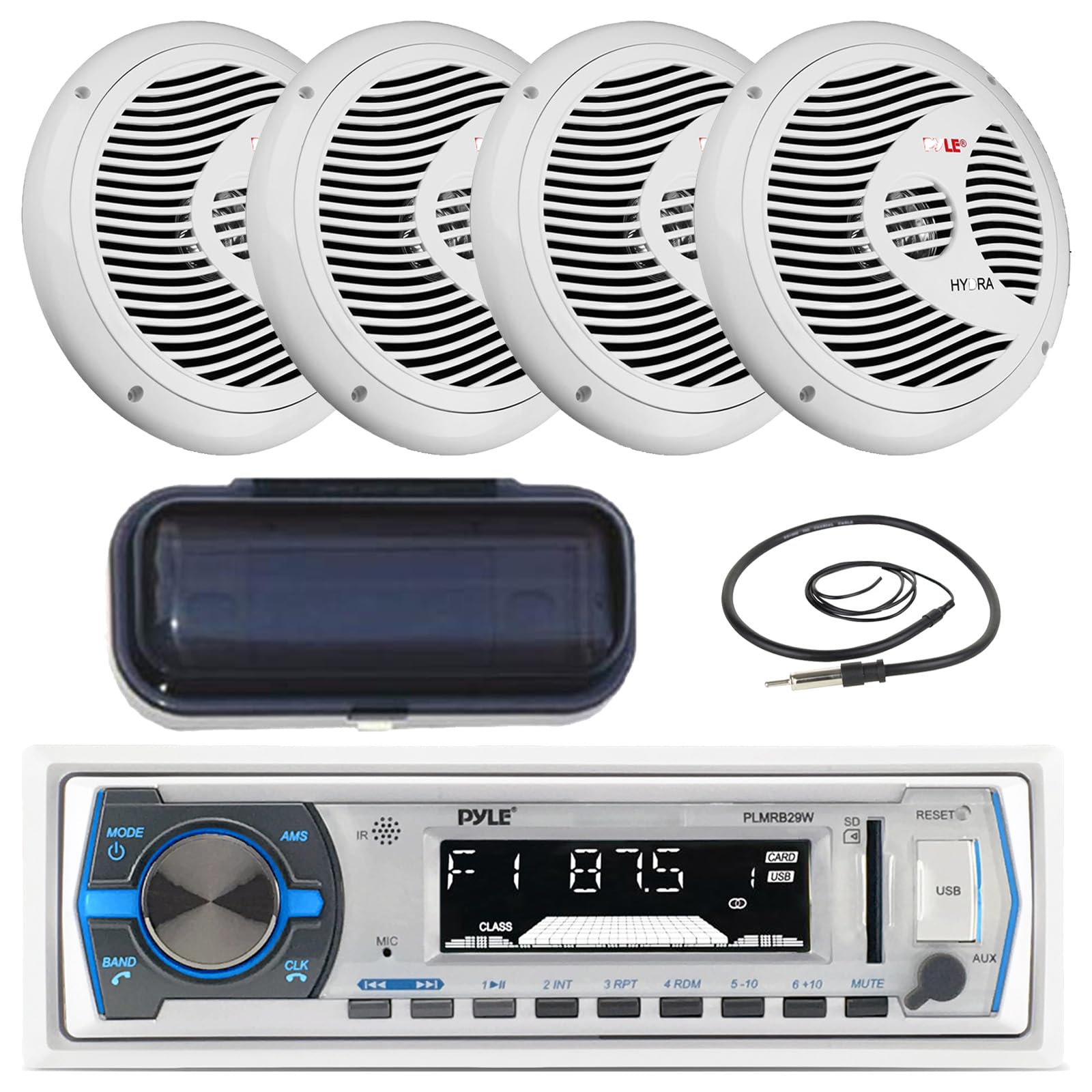 Pyle Single DIN Marine Bluetooth Stereo Receiver with USB, AM/FM Radio & Remote Control - 4x 6.5
