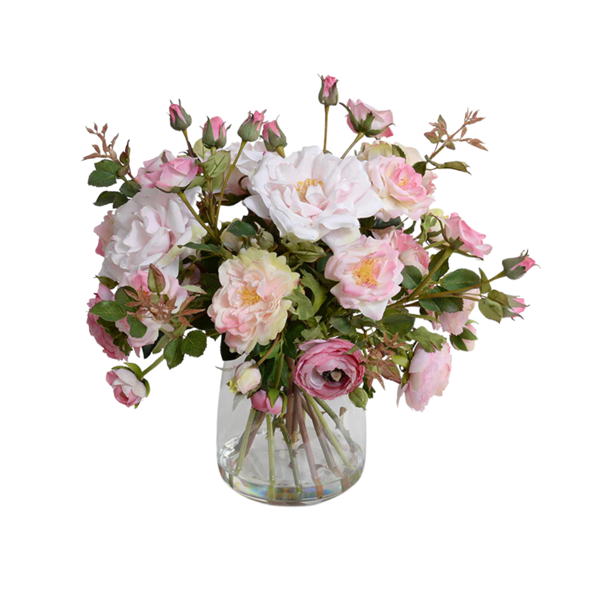15-Pack Artificial Ranunculus and Rose Bouquet in Glass Vase - Perfect for Home Decor, Wedding Centerpieces, and Office Desk Arrangements