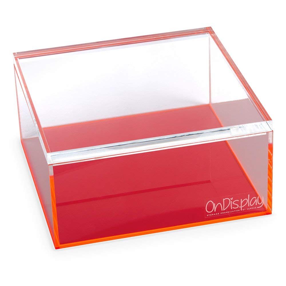 OnDisplay Electric Neon Luxe Clear Acrylic Storage Treasure Box - Medium Size | Jewelry Organizer & Keepsake Display Case for Bedroom, Vanity or Gift Giving