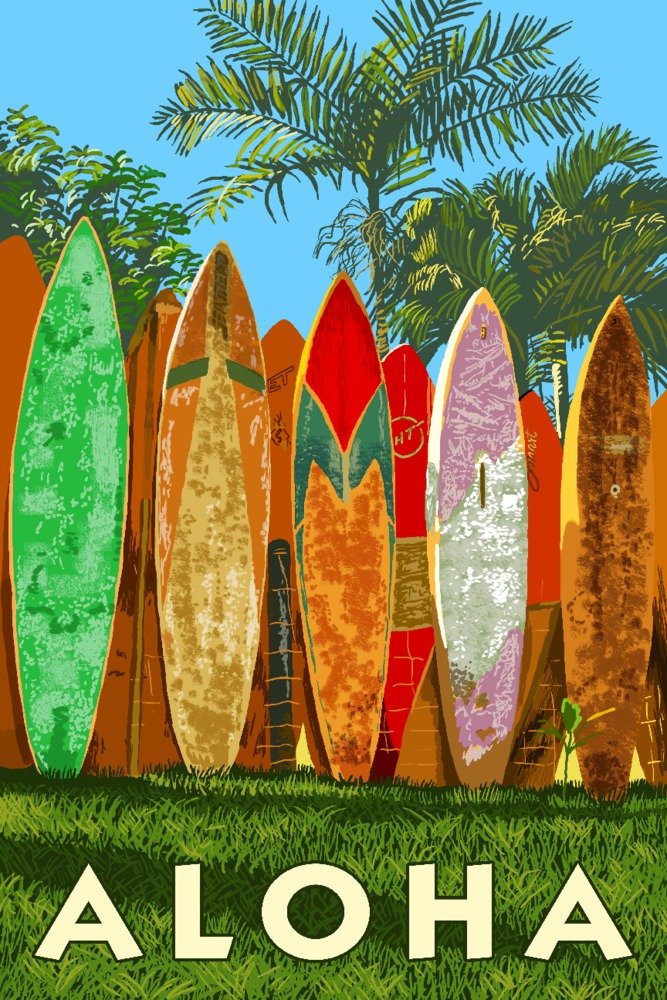 Lantern Press Surfboard Fence Aloha Wall Art - 16x24 Wrapped Canvas Print for Beach House Decor, Hawaiian Theme Living Room & Coastal Bedroom Design