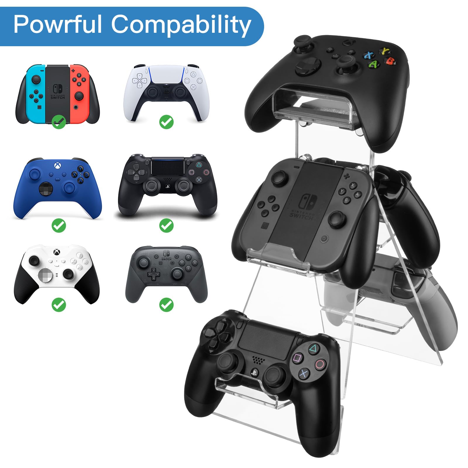 Acrylic Game Controller Stand with Headphone Holder - Universal Gaming Controller Rack Compatible with Xbox, PS4, PS5 & Nintendo Switch - Clear Desk Organizer for Gaming Accessories - Perfect for Gaming Setup, Streaming Station & Home Entertainment System