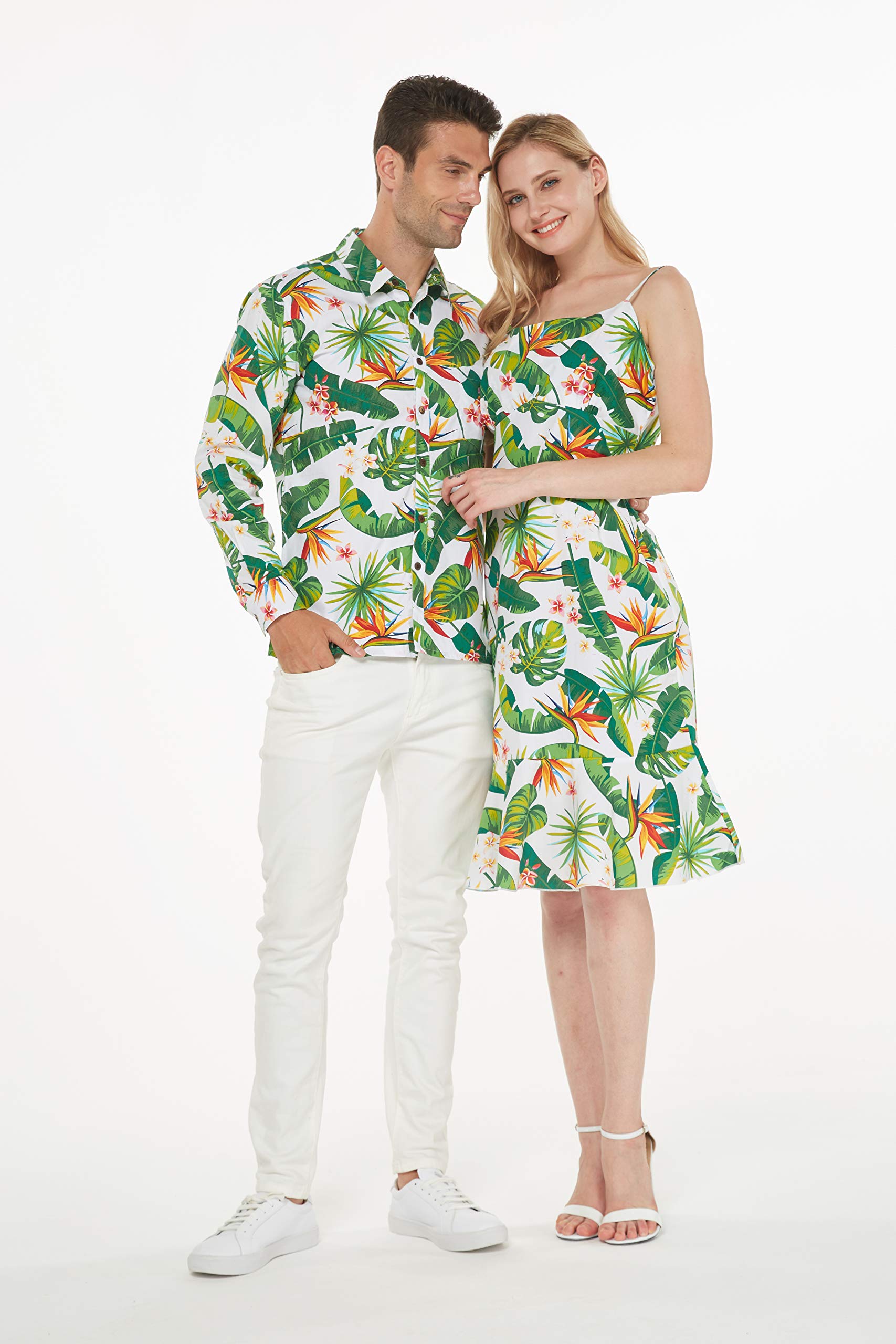 Matching Couple Hawaiian Luau Cruise Outfit - Tropical Shirt & Mermaid Dress Set in Classic White | Perfect for Beach Vacations, Cruise Parties & Summer Getaways