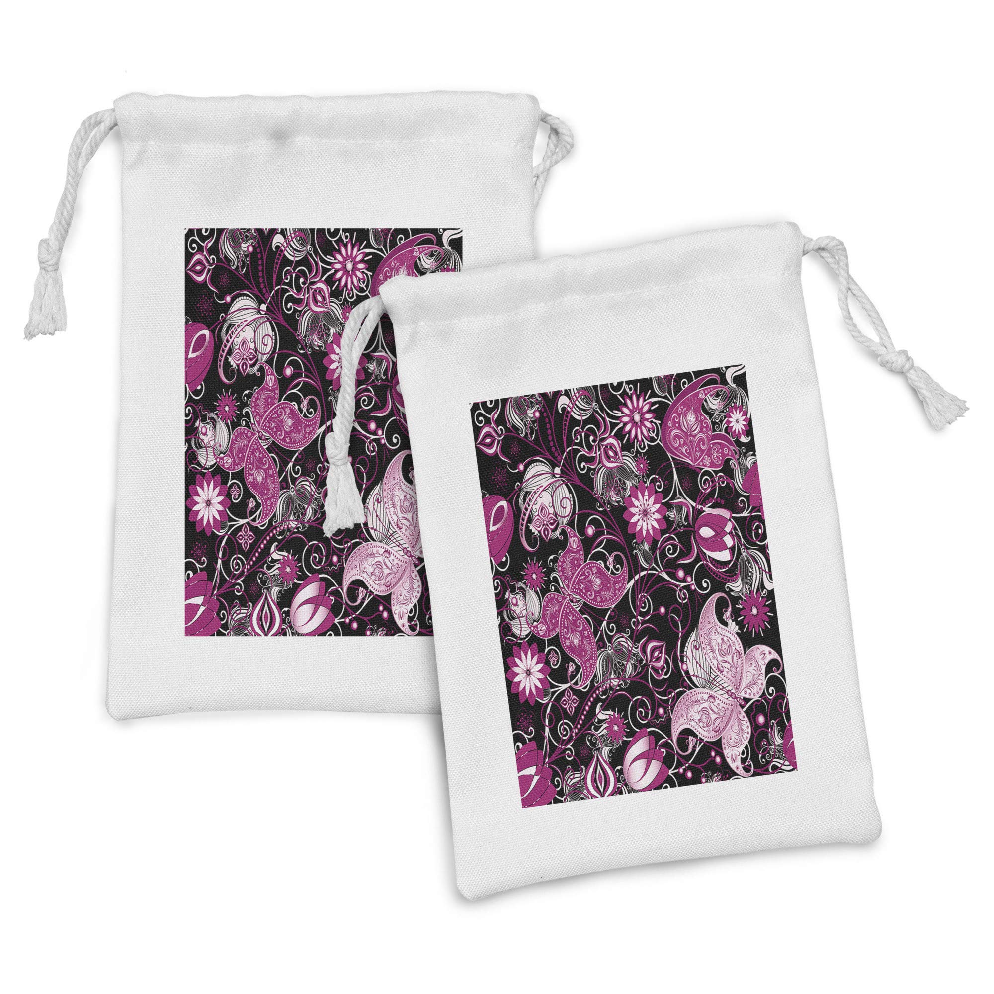 Ambesonne Floral Fabric Pouch Set of 2 - Oriental Flower & Butterfly Drawstring Bags for Toiletries, Jewelry, Makeup & Travel Essentials (9