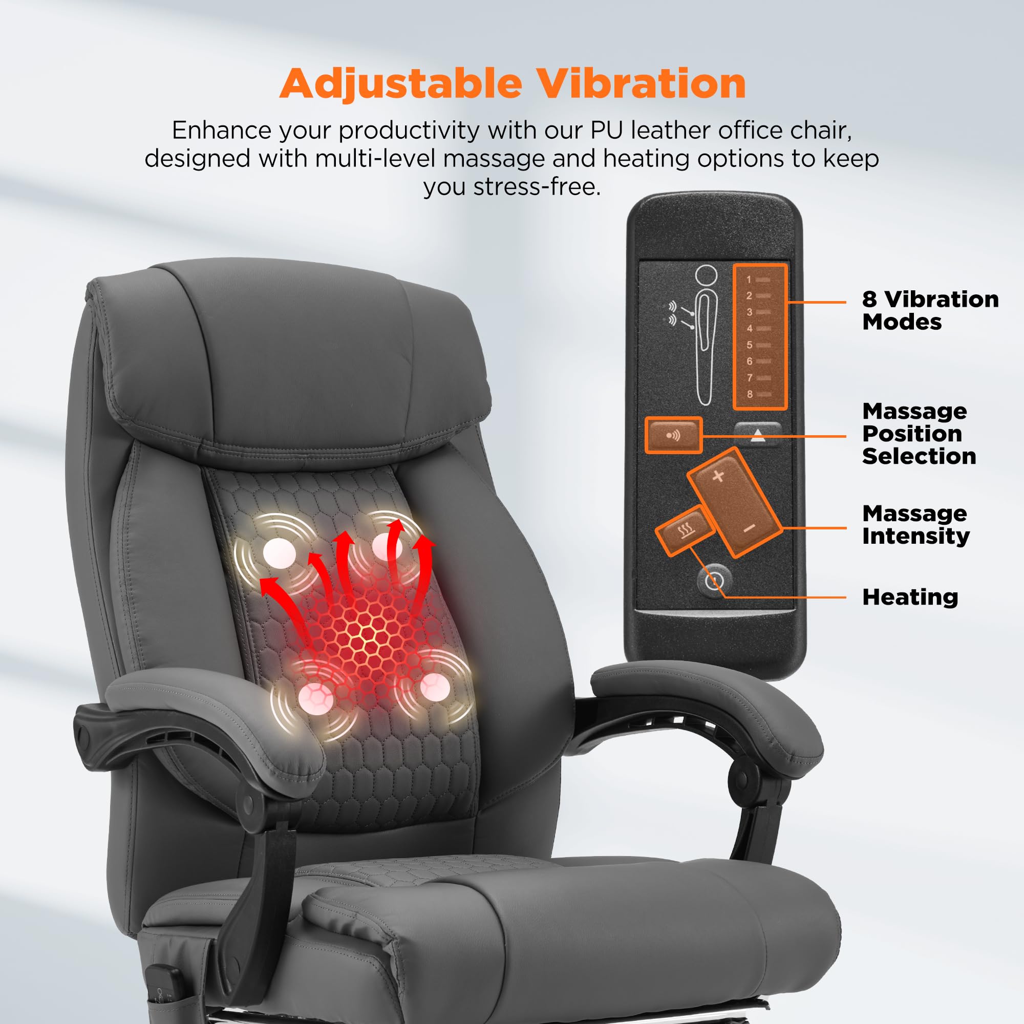 HOMREST Ergonomic Reclining Office Chair with 4-Point Massage & Heating - Adjustable Executive Chair with Retractable Footrest - Gray Home Computer Desk Chair for Work, Gaming & Relaxation - Perfect for Home Office, Study & Workspace Comfort