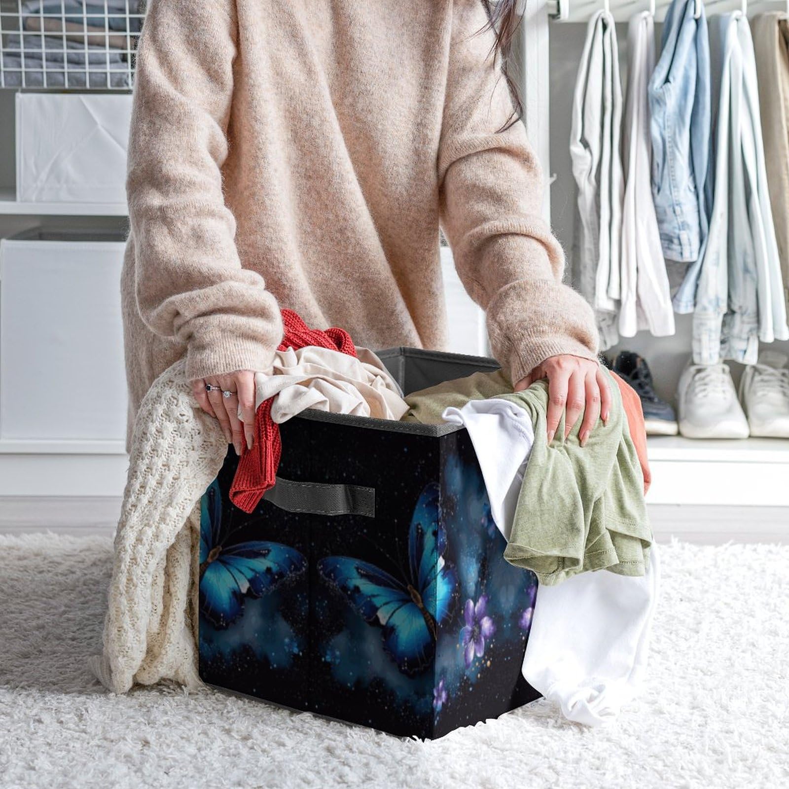 Collapsible Storage Bins with Handles - Galaxy Blue Butterfly Print for Home & Office Organization