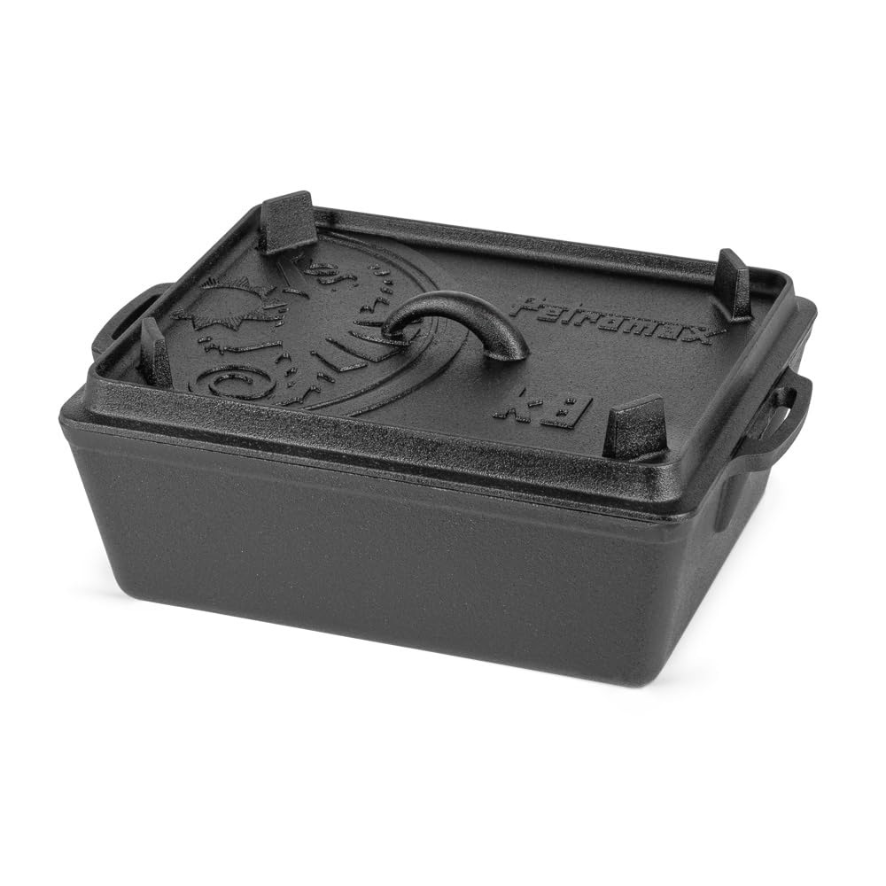 Petromax Large 5.8 Quart Cast Iron Loaf Pan with Lid - Pre-Seasoned Camping & Home Baking Dish with Handles for Dutch Oven Cooking | Perfect for Bread, Casseroles & Outdoor Campfire Meals