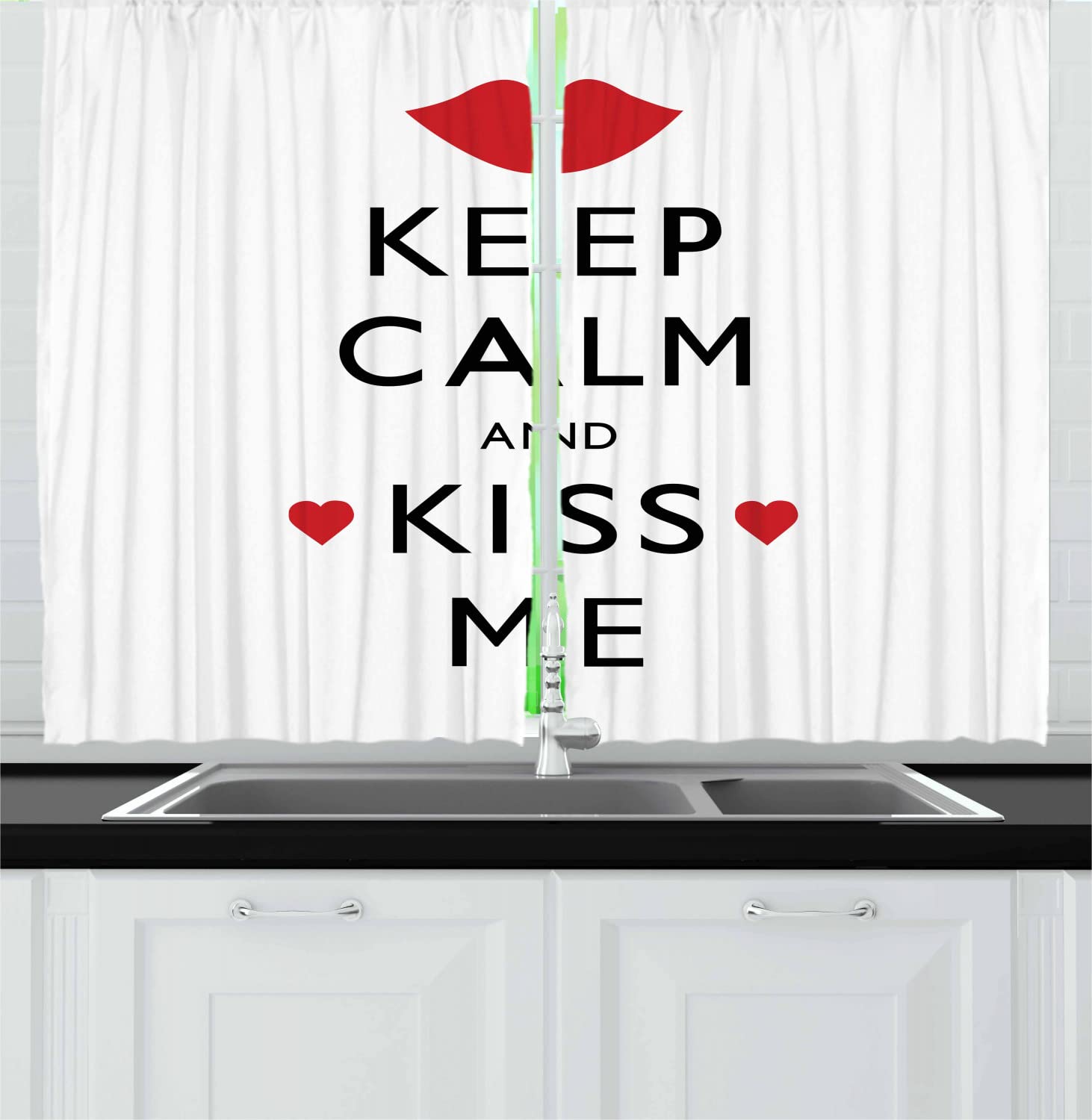Ambesonne Keep Calm Long Kitchen Curtains - Romantic Valentine's Day Design with Red Hearts & Kiss Pattern, Black Red White Drapes (Set of 2 Panels, 55
