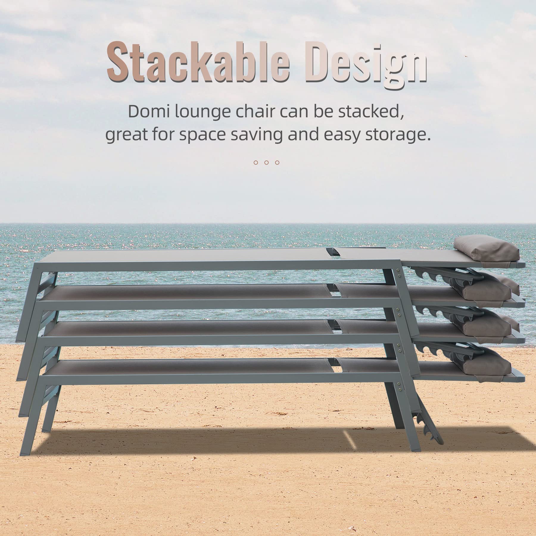 Domi Patio Chaise Lounge Set of 3 - Adjustable Aluminum Outdoor Lounge Chairs with 5 Positions for Poolside, Deck, Garden & Backyard - Perfect for Sunbathing & Relaxing - Khaki Color