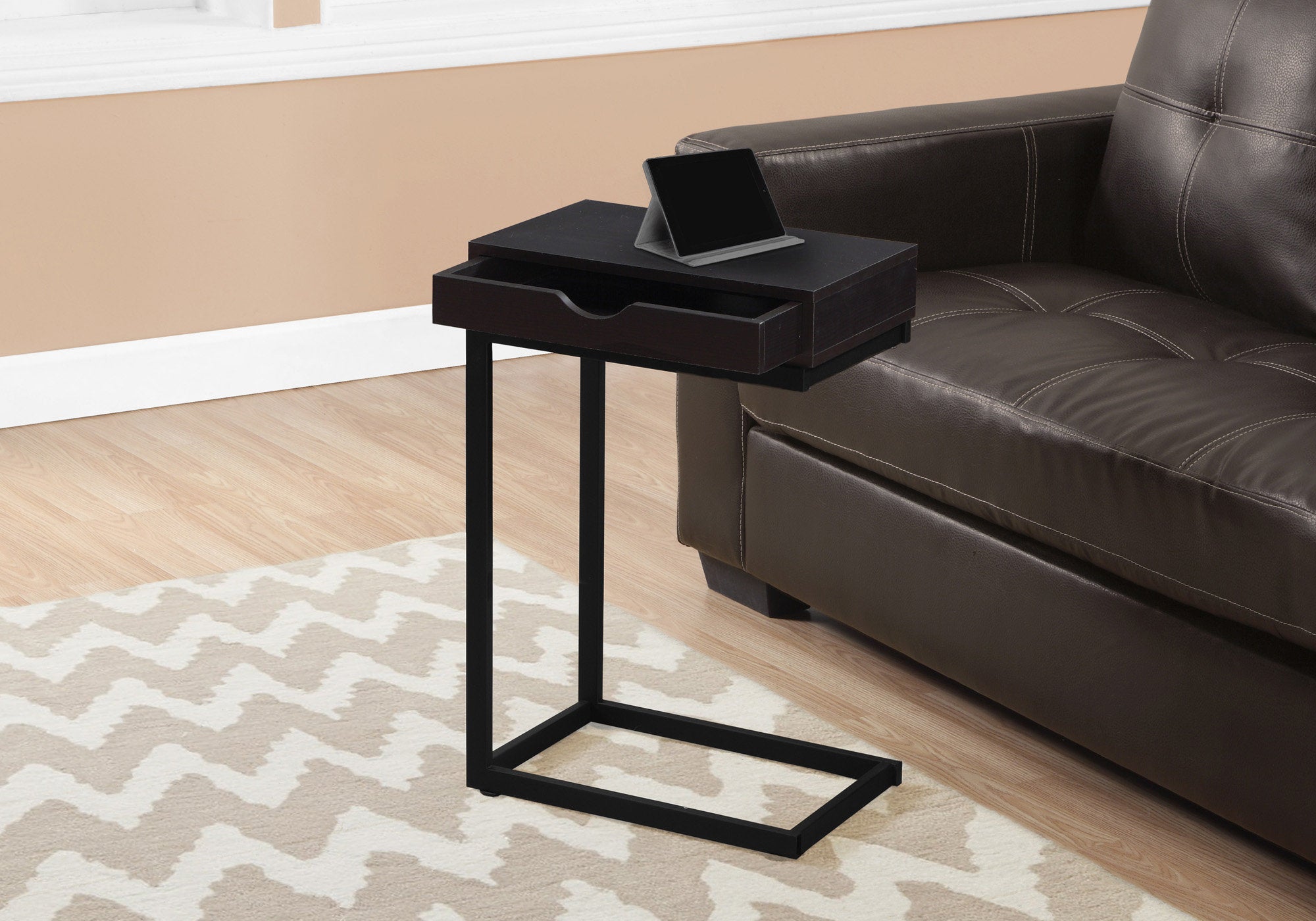 Modern Accent Table with Drawer - Cappuccino & Black Metal Finish - Perfect for Living Room, Bedroom, or Office Decor