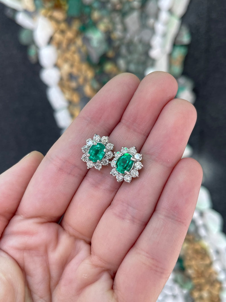 5.0tcw 14K Gold Vivid Rich Green Emerald Oval & Brilliant Round Diamond Halo Stud Earrings for Women - Perfect for Weddings, Parties & Special Occasions