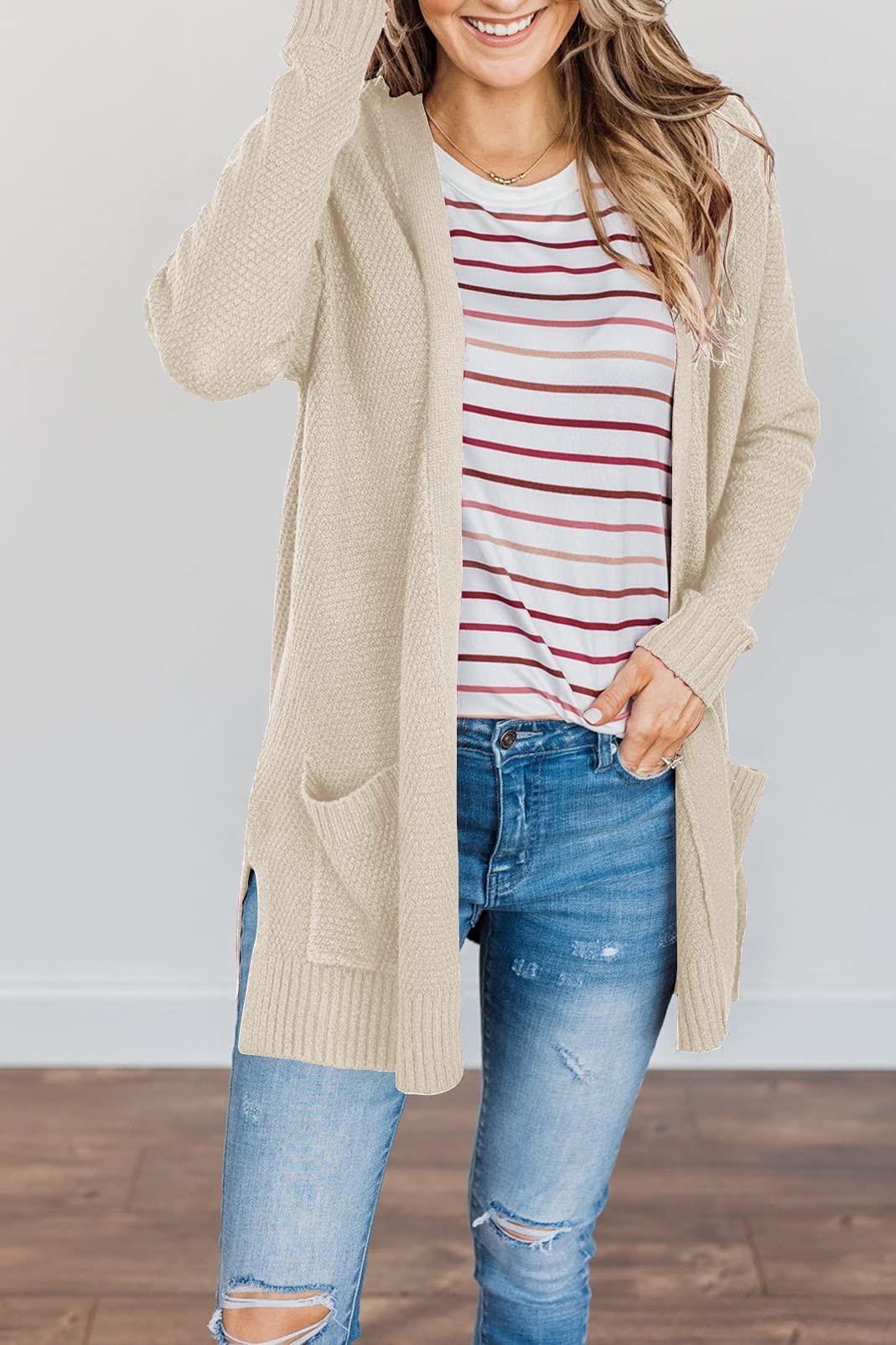 MEROKEETY Women's Long Sleeve Waffle Knit Cardigan - Soft Open Front Sweater Coat with Pockets | Cozy Fall & Winter Layering Piece for Casual Outfits, Office Wear and Loungewear