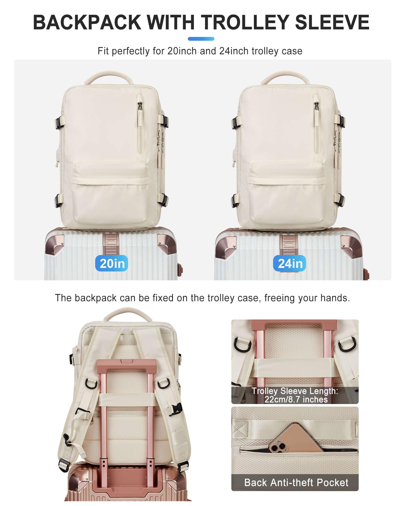 VGCUB 17 Inch Large Travel Backpack for Women & Men - Flight Approved Business Laptop Backpack with Dedicated Laptop Compartment - Perfect for Work Commute, Business Trips & Airplane Carry-On (Beige)