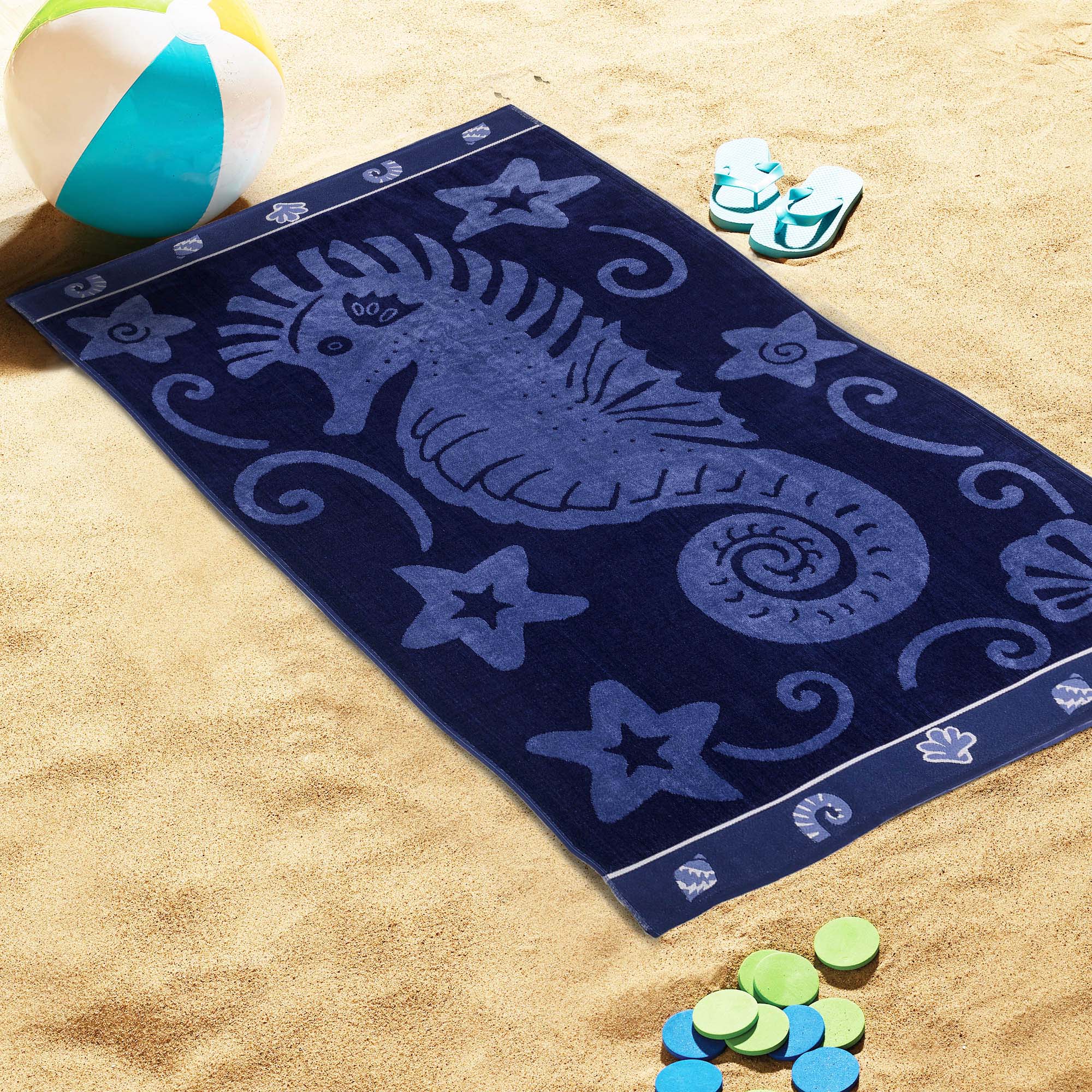 Premium Oversized Cotton Beach Towel Set - 2 Piece Ultra Soft & Absorbent Quick-Dry Towels for Pool, Beach, Yoga & Gym - Sea Horse Design
