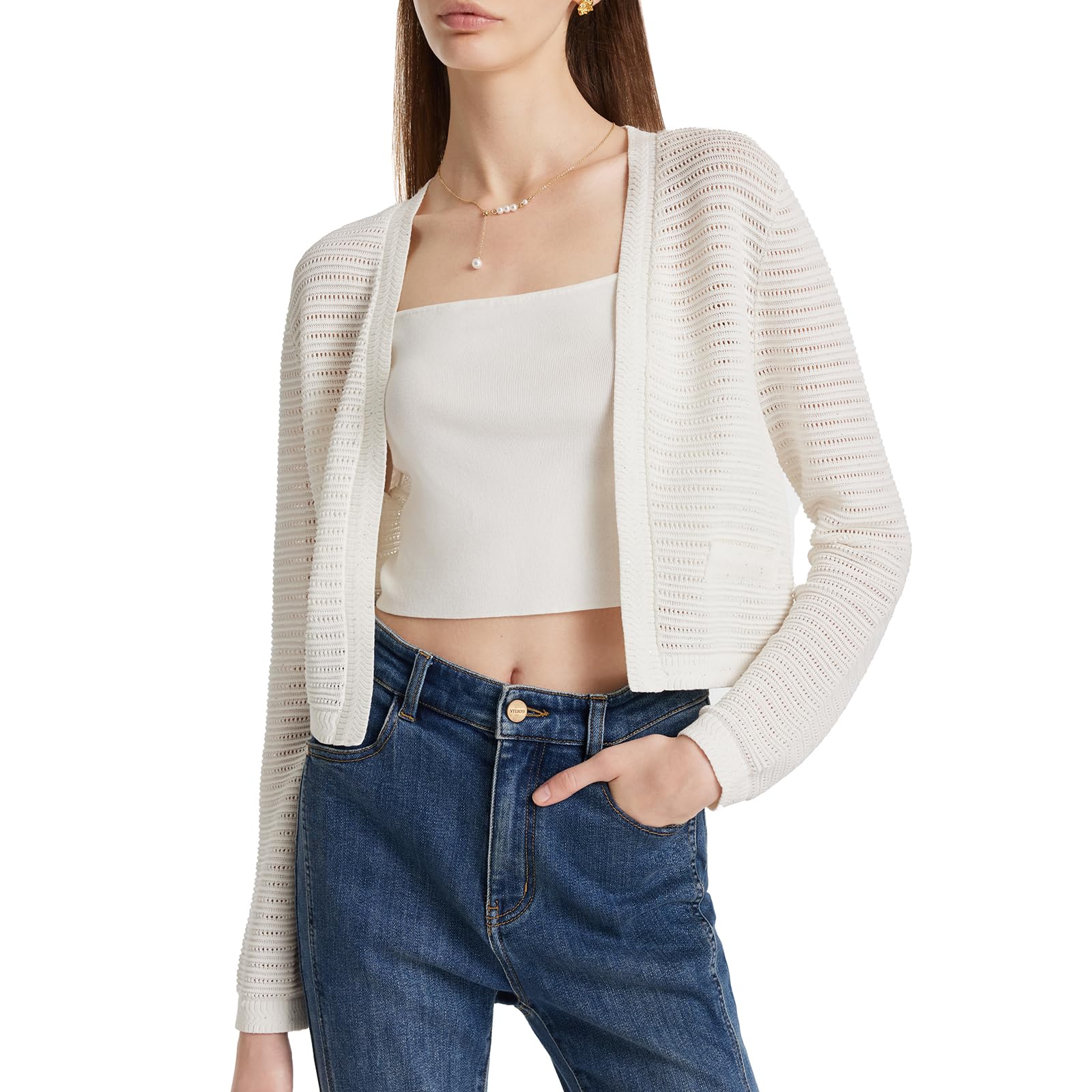 Women's Lightweight Striped Knit Cardigan Sweater with Pearl Buttons - Crew Neck Long Sleeve Open Front Cover-Up for Fall, Office Wear & Casual Outfits
