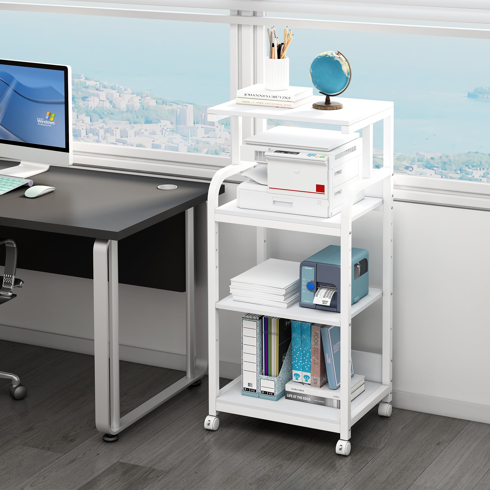 4-Tier Adjustable White Printer Stand with Wheels - Mobile Storage Cart for Printer, Shredder & CPU Tower - Perfect for Home Office Organization & Workspace Efficiency