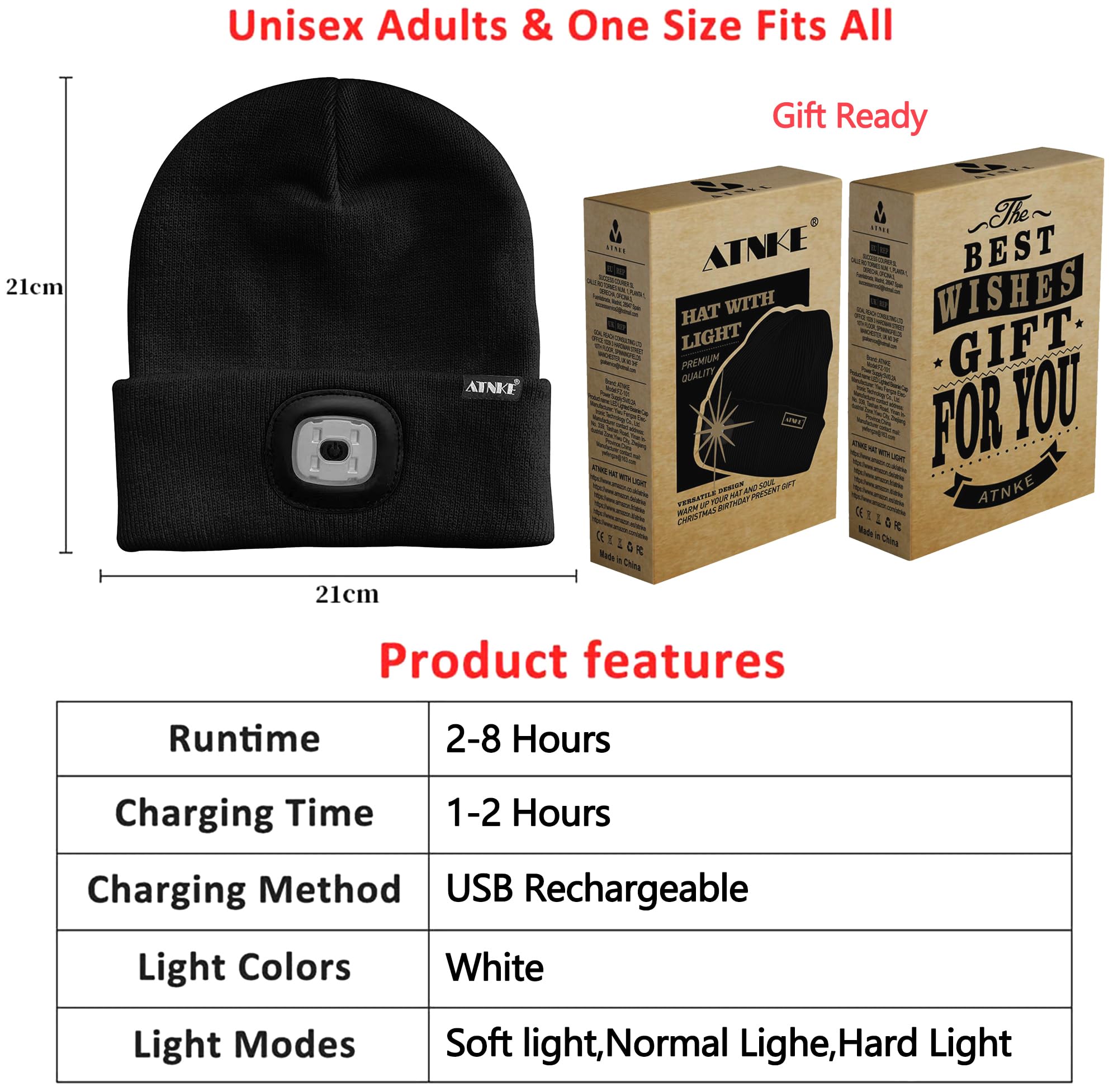 ATNKE 2 Pack USB Rechargeable LED Beanie Hat - Unisex Winter Running Cap with Ultra Bright 4 LED Lights, Waterproof & Multi-Color Options - Perfect for Night Jogging, Camping, and Outdoor Activities
