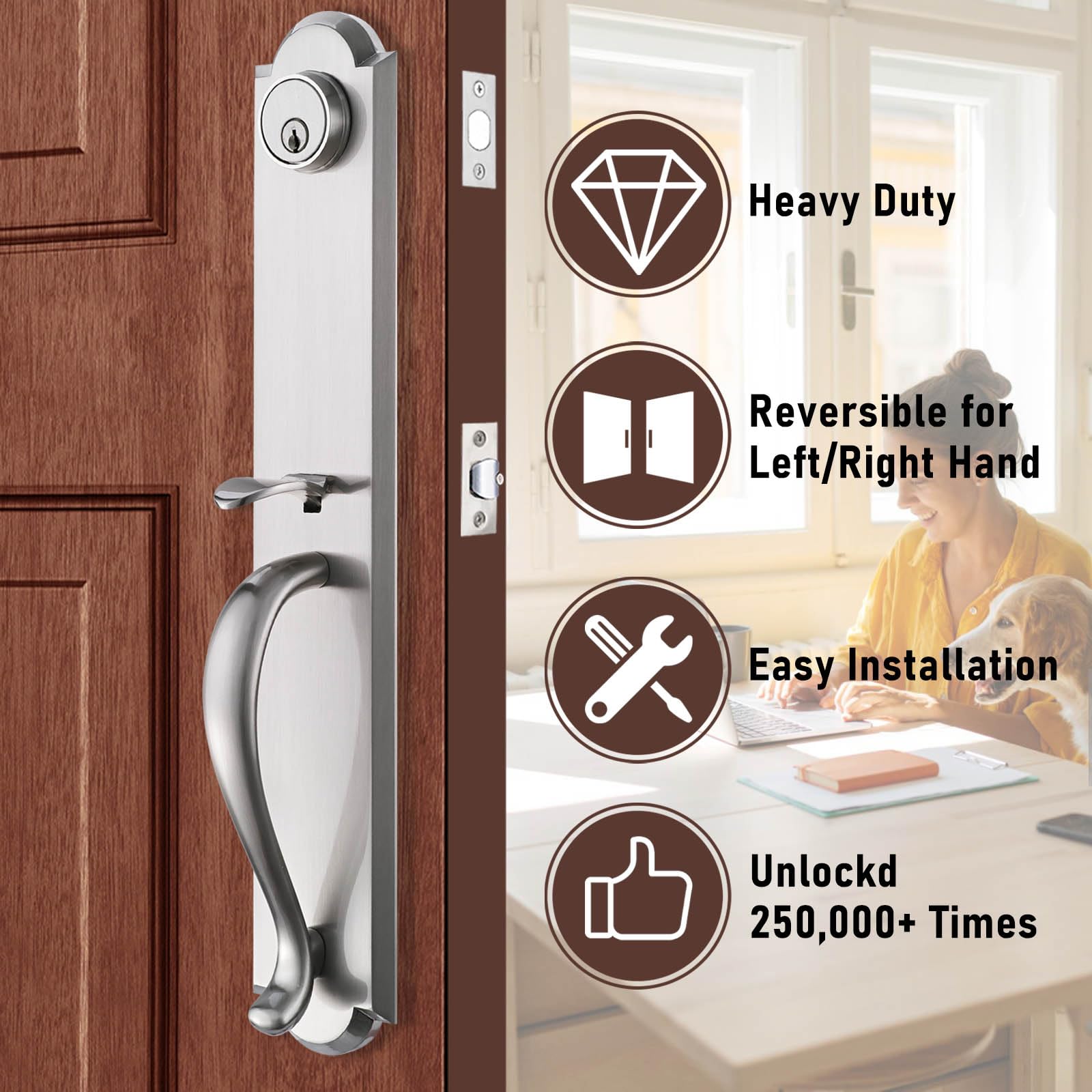 Front Door Handle Double Door Lock Set with Camelot Trim in Satin Nickel - Secure Entry Handle with Deadbolt & Lever (X-2018SET) for Home, Office & Commercial Buildings