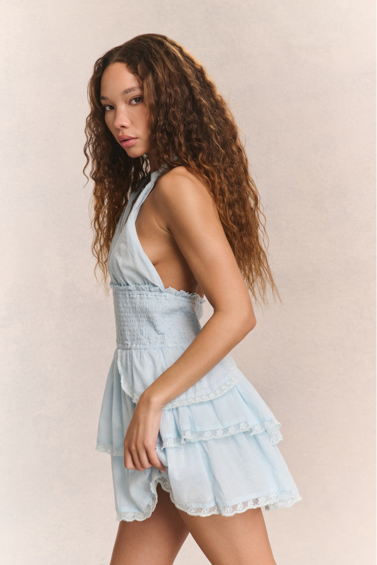 Deanna Heritage Halter Mini Dress - Blue Floral Summer Sundress for Women | Beach Vacation, Party, Date Night Outfit