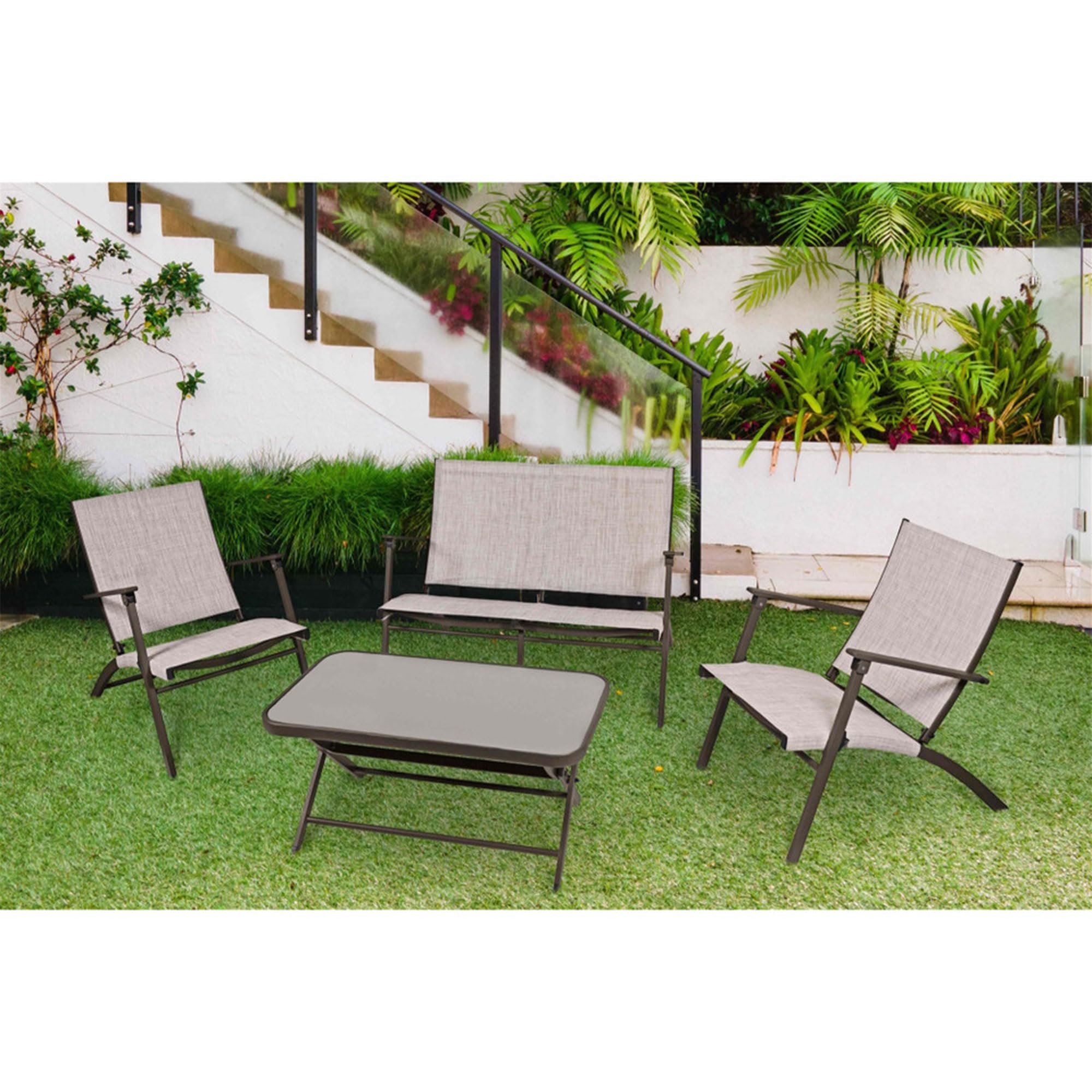 Novara 4-Piece Steel Folding Outdoor Patio Furniture Set - 2 Chairs, 1 Loveseat & Table in Tan/Espresso - Perfect for Garden, Backyard, Poolside & Patio Relaxation