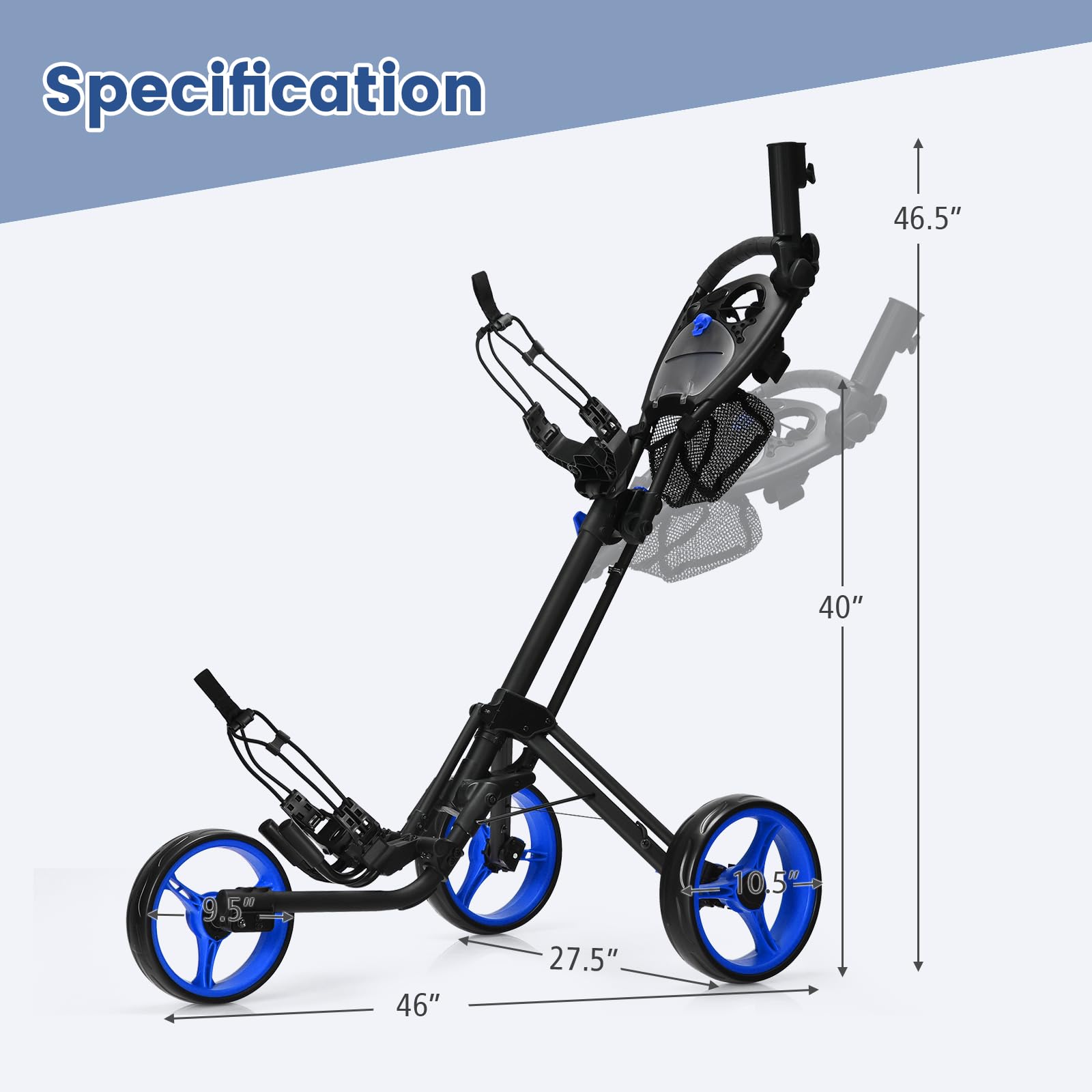 ULTIMATE 3 Wheel Golf Push Cart - Lightweight Folding Golf Trolley with Scorecard Holder, Cup Holder, Umbrella Holder & Golf Bag Holder | Includes Mesh Storage Bag, Upper/Lower Brackets with Elastic Straps, Foot Brake & Adjustable Handle | Perfect for Golf Courses, Driving Ranges & Outdoor Practice