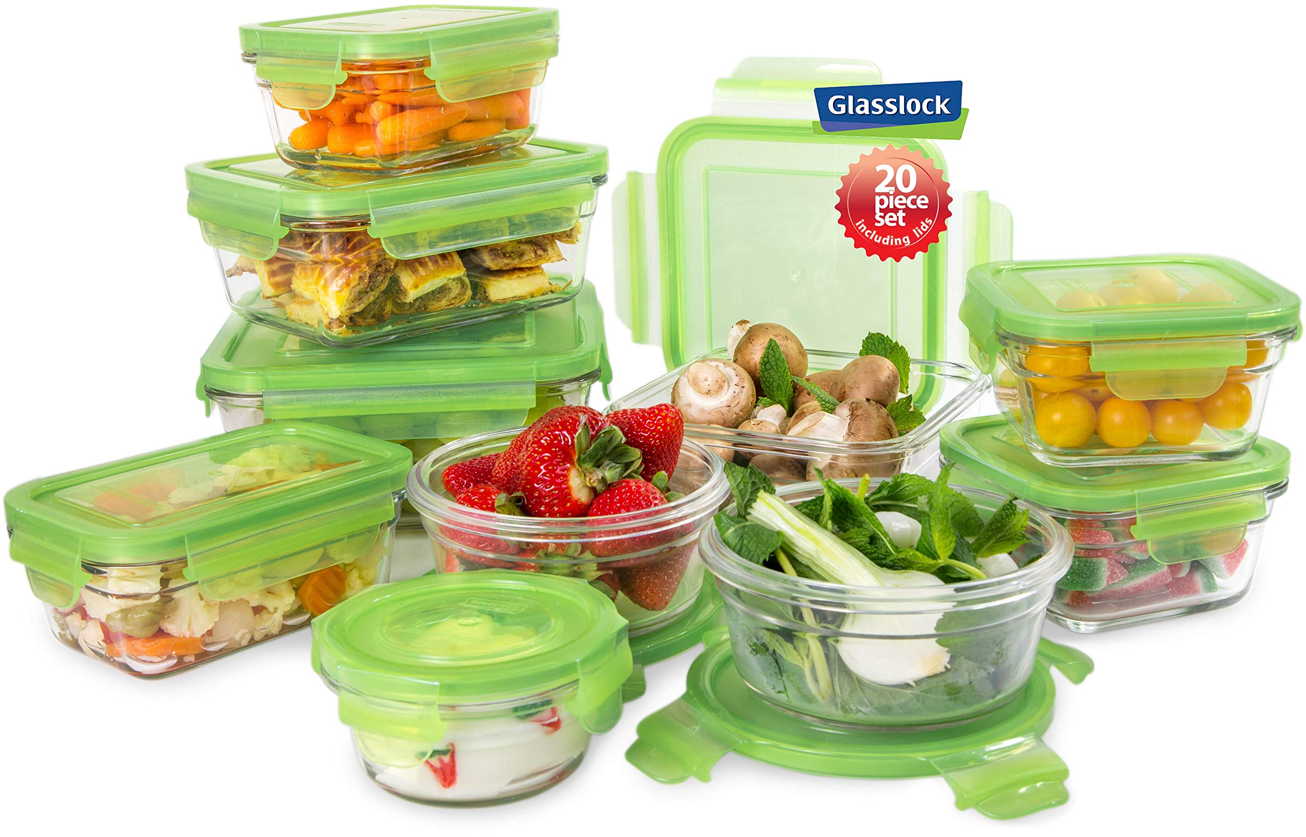 20-Piece Tempered Glass Food Storage Containers with Green Lids - Microwave & Oven Safe, Airtight, Leakproof - Perfect for Meal Prep, Leftovers & Pantry Organization