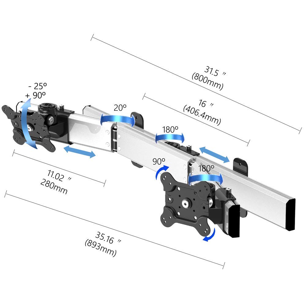 Adjustable Dual Monitor Wall Mount Bracket - Slideable & Tiltable for 13-32 Inch Screens - Perfect for Home Office, Gaming & Workspace Setup