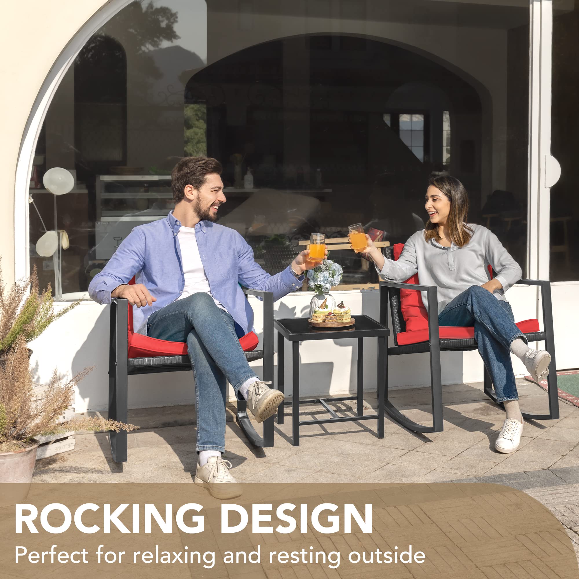Devoko 3-Piece Wicker Patio Furniture Set - Outdoor Rocking Bistro Chairs with Glass Coffee Table - Red Conversation Set for Porch, Garden & Backyard Relaxation