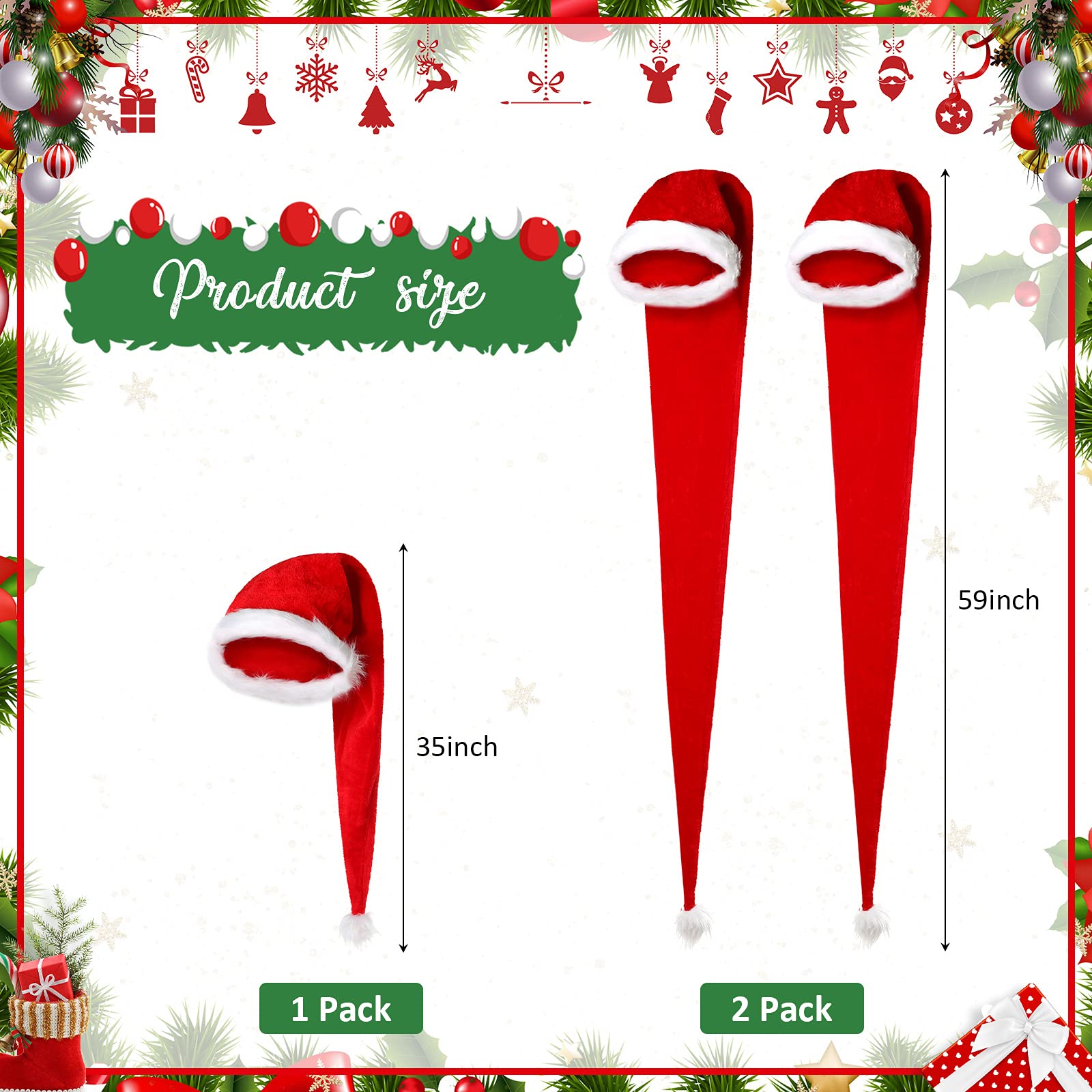3-Piece Extra Long Christmas Santa Hats - Red & White Plush Santa Claus Hats for Holiday Parties, Xmas Decorations & Festive Family Gatherings