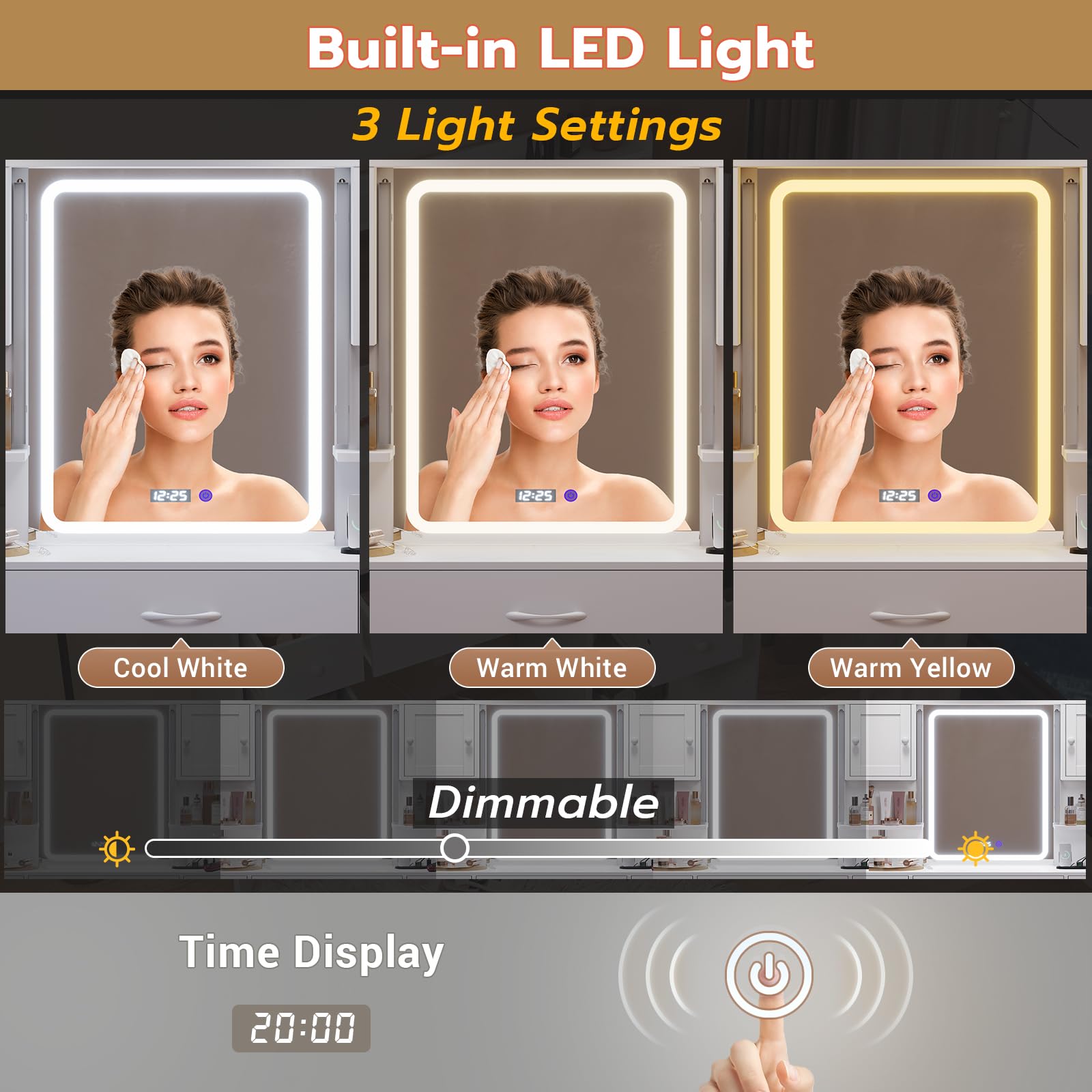 Tiptiper White Vanity Desk with LED Mirror & Digital Clock - Makeup Dressing Table with 5 Drawers, 4 Cabinets, Power Outlet & Ambient Lighting - Perfect for Bedroom, Dorm Room & Beauty Salon