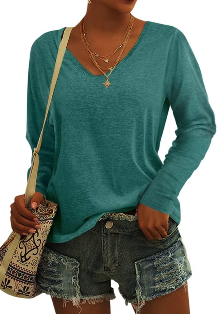 Women's V-Neck Long Sleeve T-Shirt - Solid Color Casual Tunic Top, Loose Fit Pullover Blouse for Everyday Wear | Perfect for Work, Weekend Outings & Layering