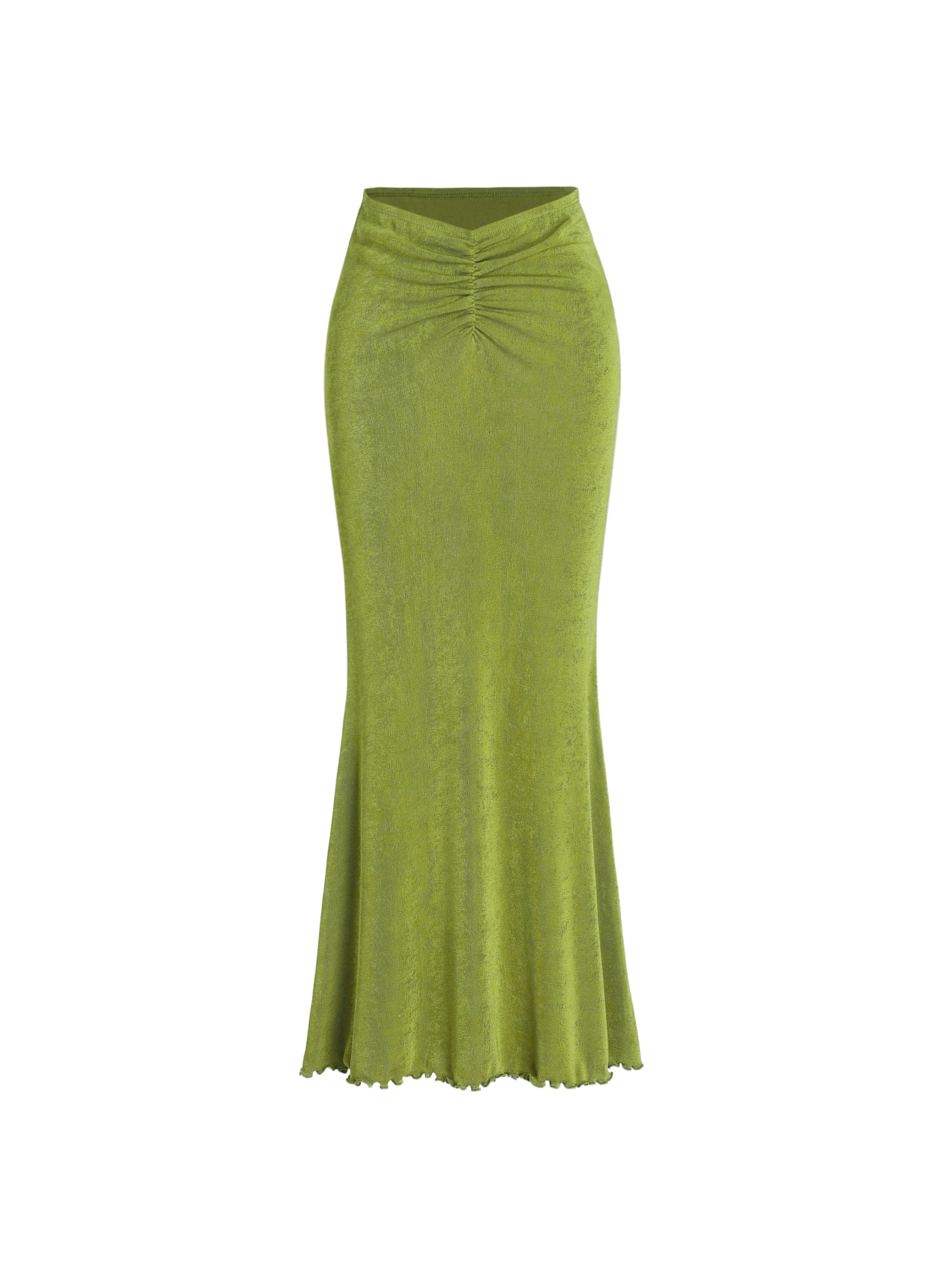 CIDER High Waist Bodycon Maxi Skirt for Women - Stretchy Fishtail Ruched Long Skirt with Lettuce Trim | Fall 2024 Fashion | Perfect for Date Nights, Parties & Office Wear